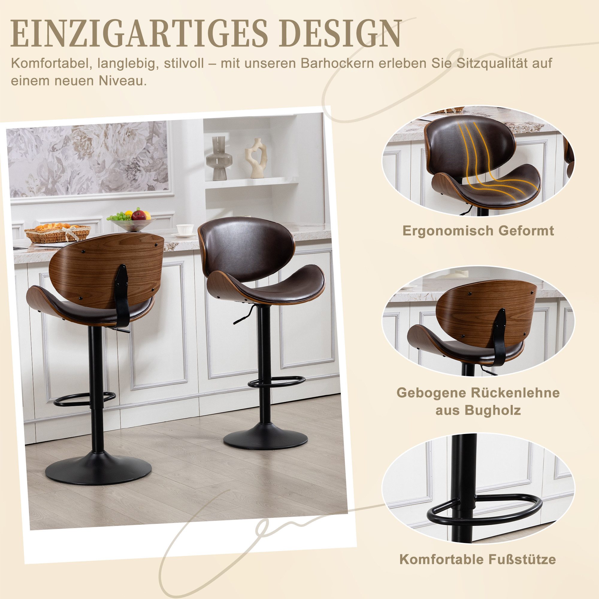 Totnz Barhocker Barstuhl 2er-Set, 360° drehbar und höhenverstellbar (2 St), PU-Leder mit Holz, Barstuhl mit Rückenlehne und Fußstütze