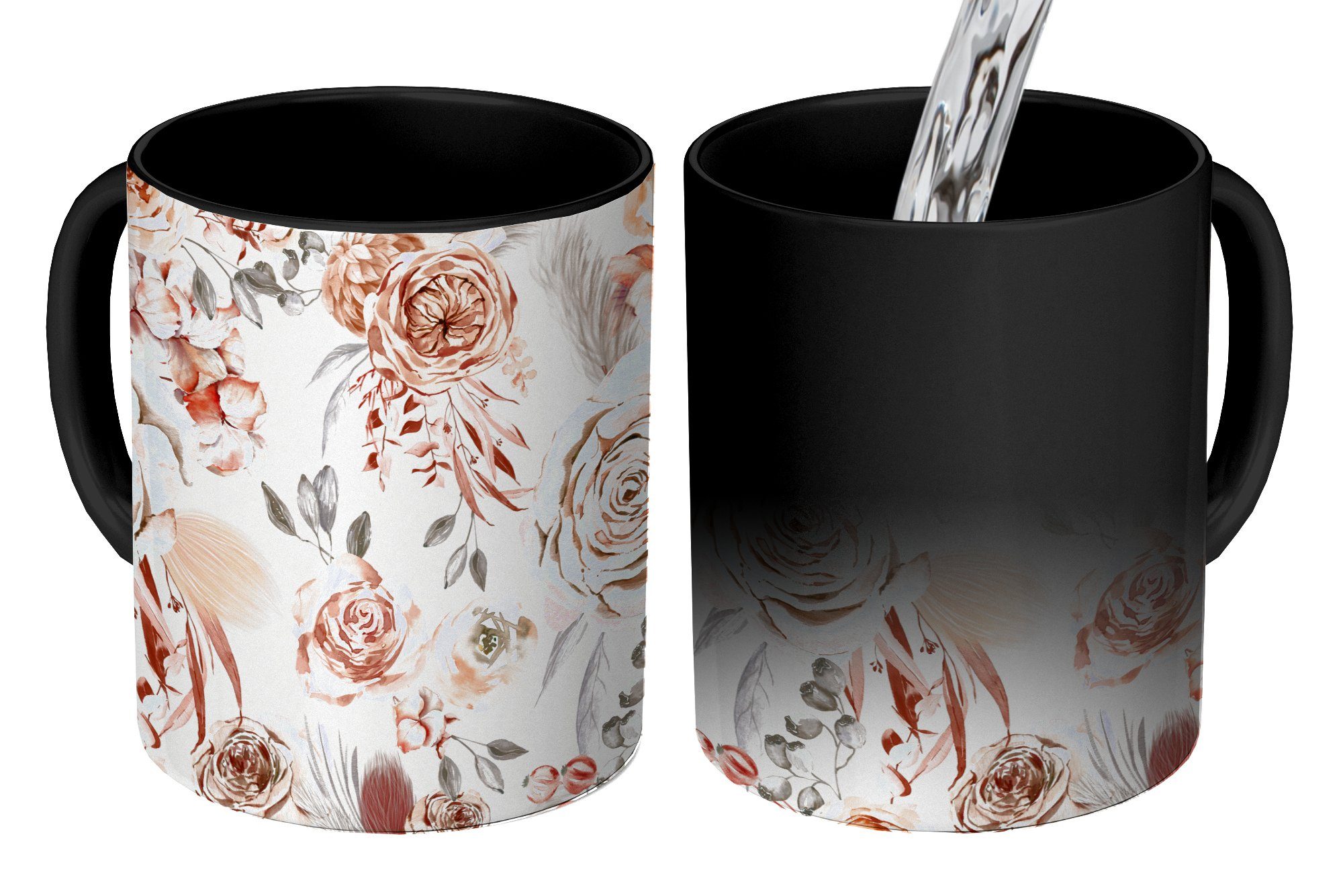 Rosen Keramik, Tasse Blumen MuchoWow Zaubertasse, Teetasse, - Kaffeetassen, Farbwechsel, Geschenk - Muster,