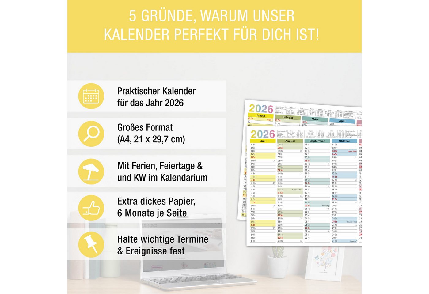 Thumbnail - TOBJA Wandkalender A4 Tafelkalender Bunt 2026 3er Set, Wandkalender, Jahresplaner, Schulferien, Feiertage, Kalender 2026