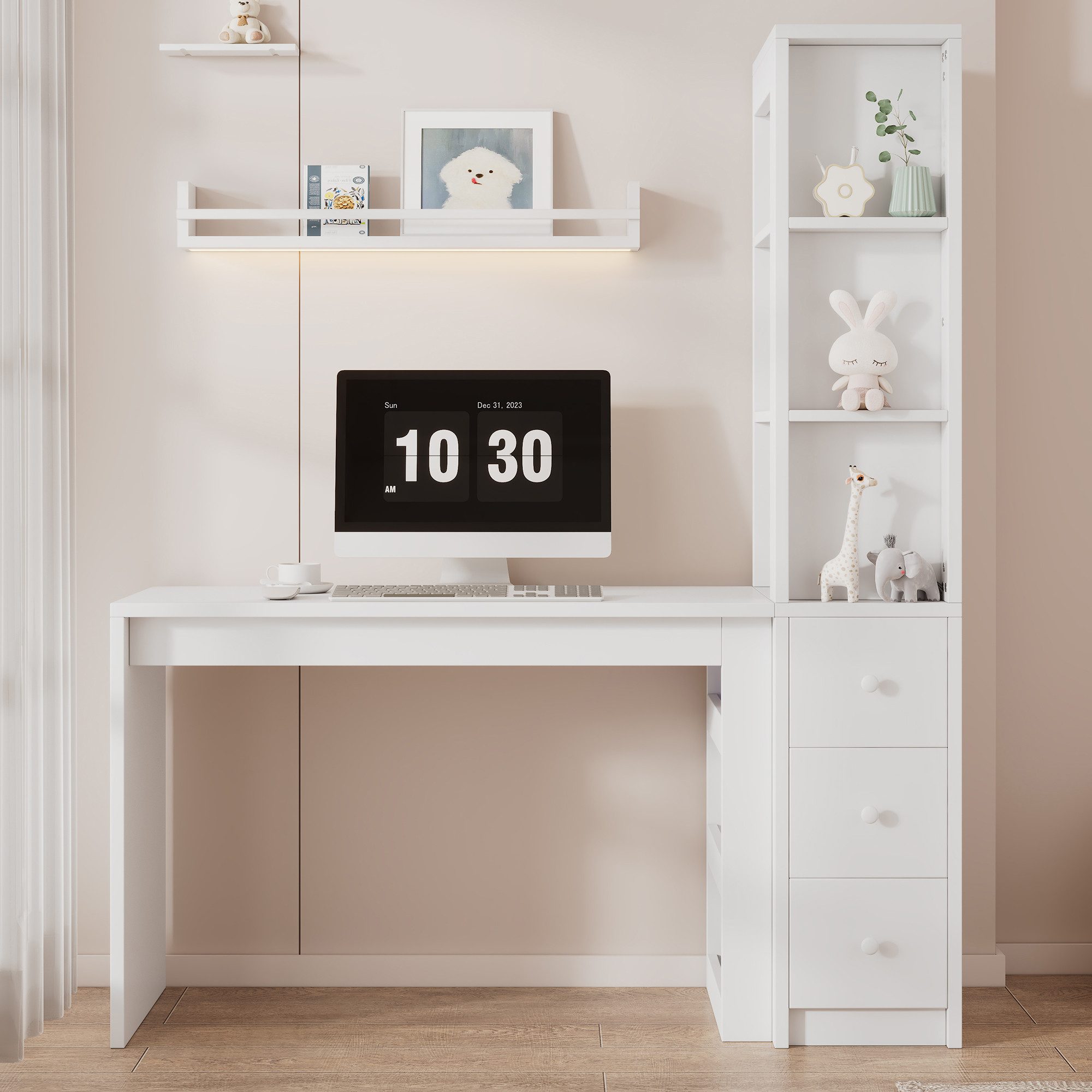 Ulife Arbeitstisch mit Schubladen und Seitenaufbewahrung, Weiß, 150x50x180 cm (1-St), Platzsparendes Design, Kombinierte Funktionalität