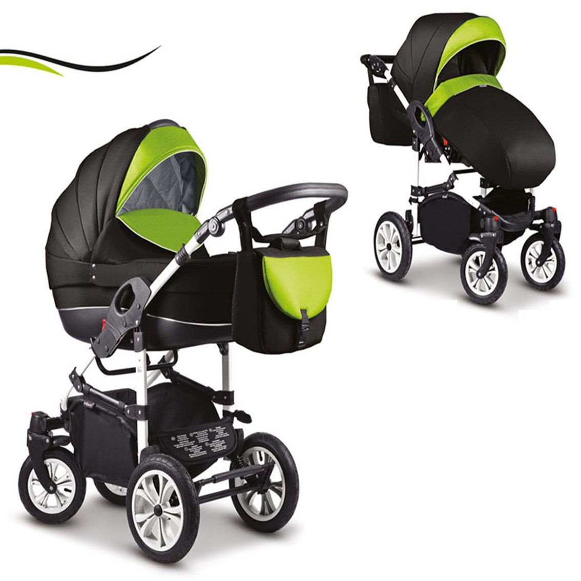 babies-on-wheels Kombi-Kinderwagen 2 in 1 Kinderwagen-Set Cosmo - 13 Teile - in 16 Farben Schwarz-Grün