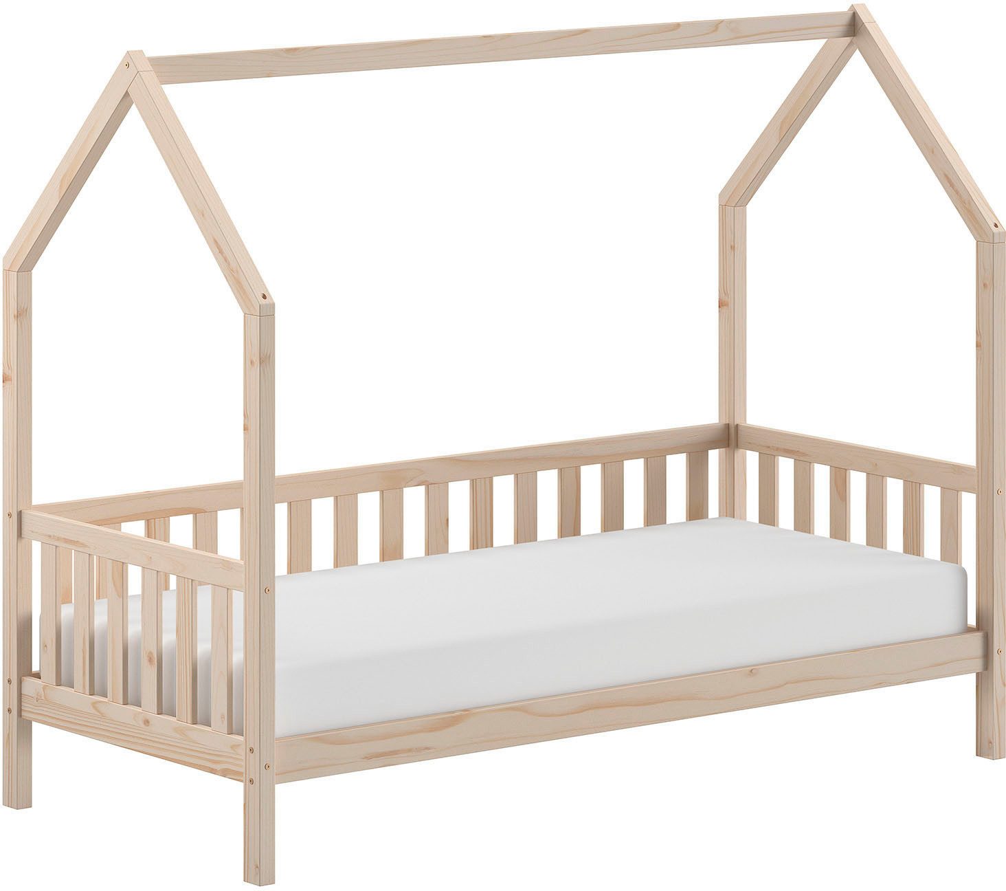 Vipack Hausbett Cabane, mit Dachaufbau und Sprossenumrandung in Landhaus-Optik (B/H/T ca. 208x169x98 cm) aus massiver Eiche, Oberfläche Natur), sehr stabil und standfest gebaut inkl. Massivholz Rolllattenrost