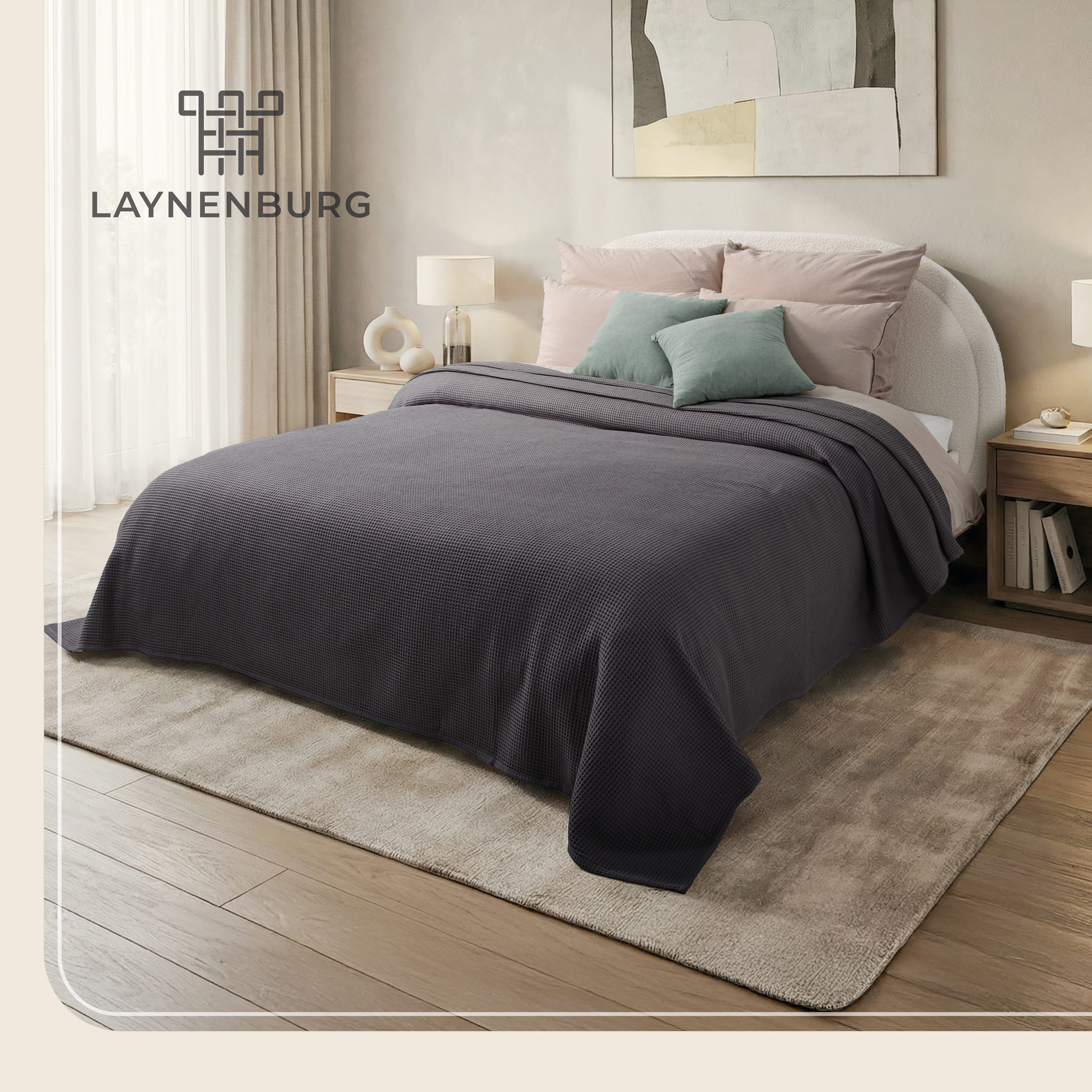 Laynenburg Tagesdecke Waffelpique aus 100% Baumwolle – Baumwolldecke, Kuscheldecke, Wohndecke als Sommerdecke, Bett-Überwurf, Couch-Überwurf, Sofa-Decke