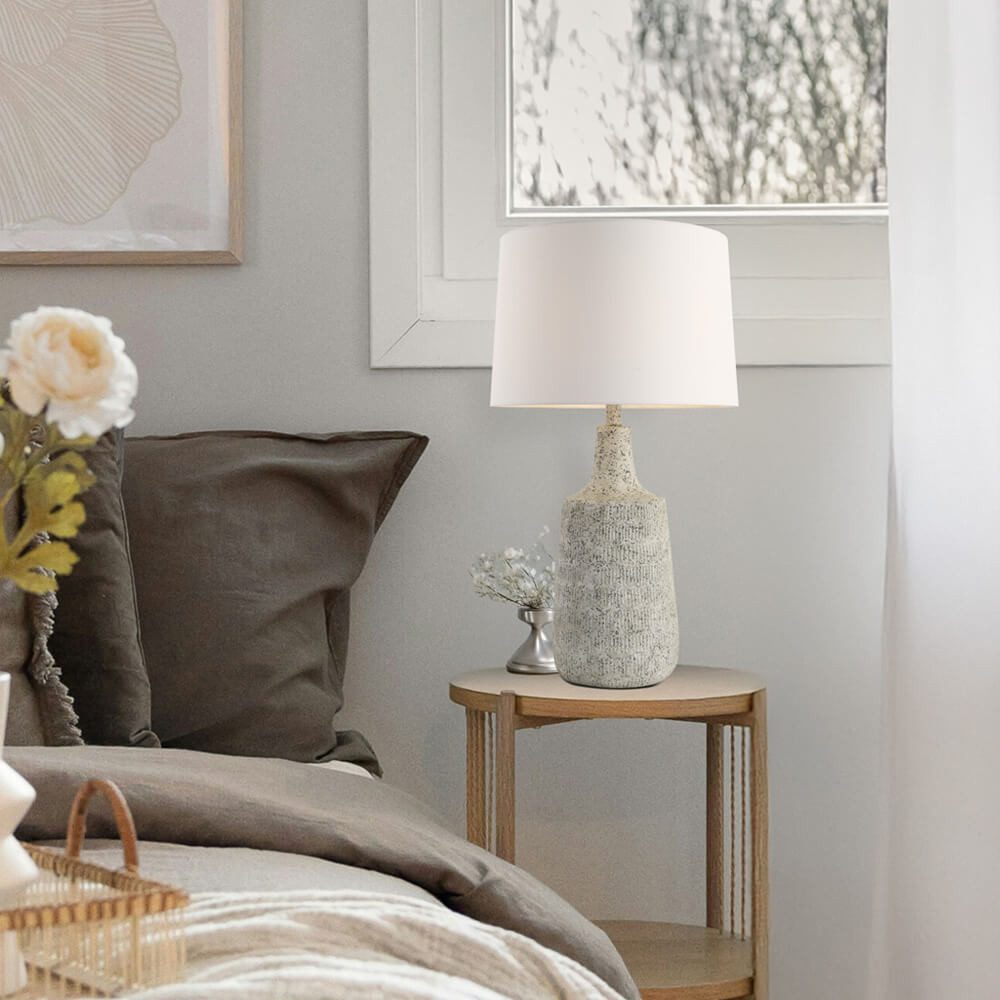 HOME DELUXE Tischleuchte CARO in Steinoptik, Weißer Stoffschirm, Wohnzimmer günstig online kaufen