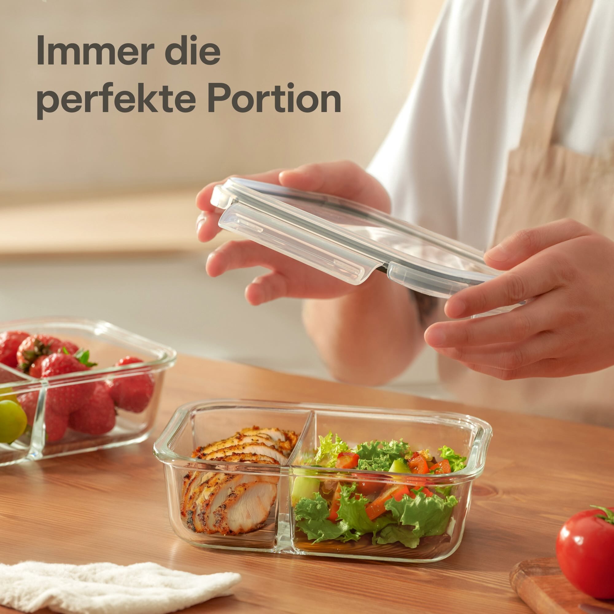 Praknu Lunchbox Meal Prep Boxen Glas 2 Fächer - 2er Set Glass Meal Prep Containers 1l, Borosilikatglas mit BPA-freiem Kunststoffdeckel und Silikon, (Set), 1000 ml Glasbehälter Ofenfest - Bento Box Zum Einfrieren - Tupper