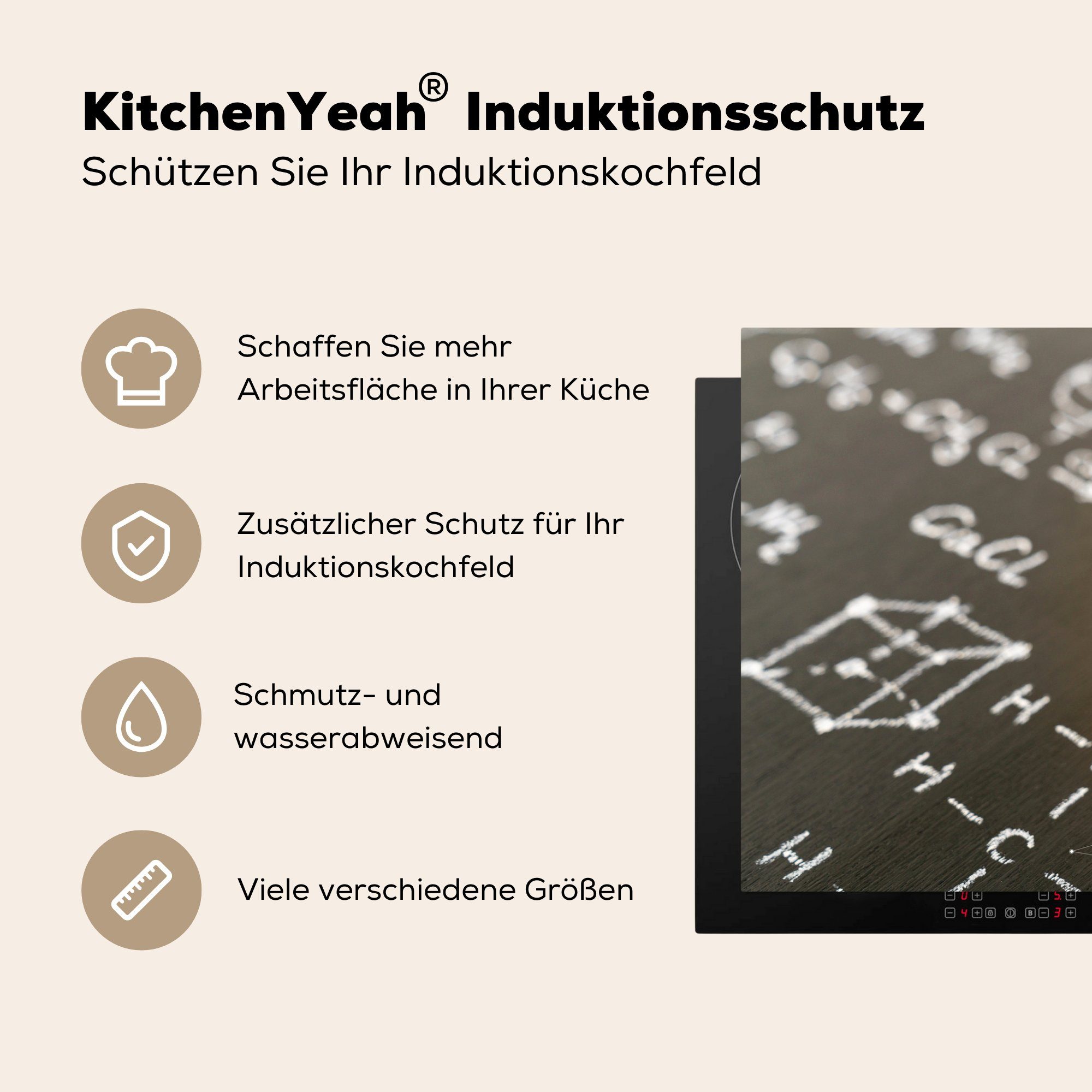 Glühbirne Schutz Induktionskochfeld MuchoWow cm, Vinyl, küche, mit tlg), Formeln, auf Herdblende-/Abdeckplatte die einer für Ceranfeldabdeckung 81x52 (1 Tafel