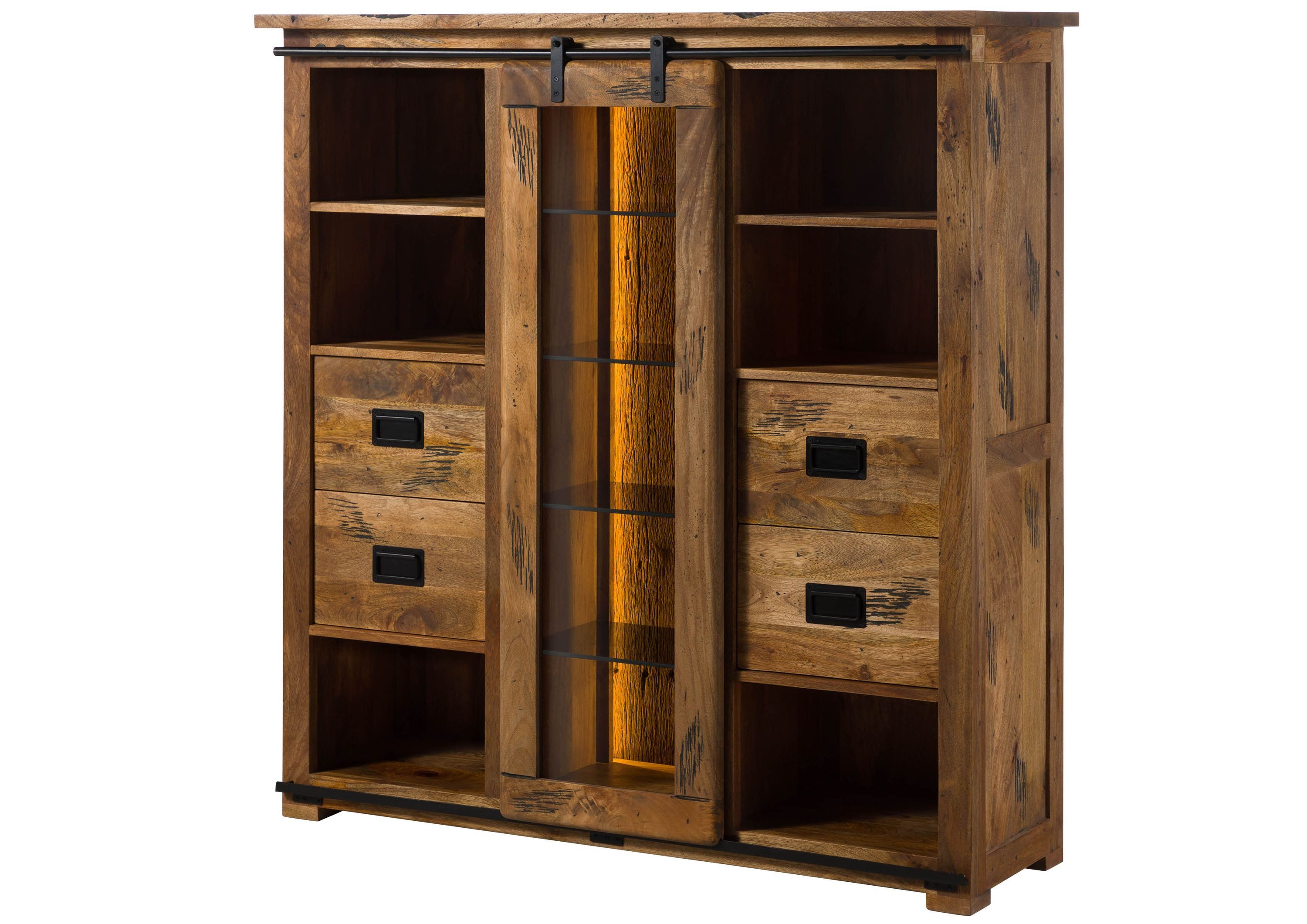 Massivmoebel24 Highboard RAILWAY LUX Mango / Altholz Massivholz natur (Massivholz montiert 117 kg RAILWAY LUX #121), Mango / Altholz 142x45x147 (BxTxH) natur lackiert