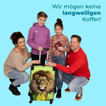 NoBoringSuitcases.com© Koffer Löwe - Mensch - Tier - Brille - Blumen 67x43x25cm, 4 Rollen, Mittelgroßer Koffer für Erwachsene, Reisekoffer