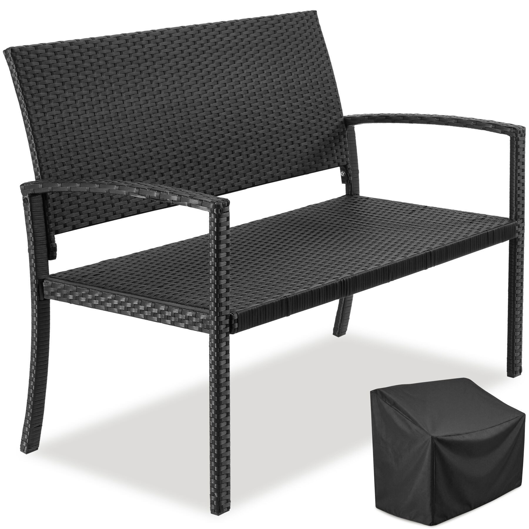tectake Gartenbank Polyrattan Sitzbank wetterfest 2-Sitzer, mit Schutzabdeckung, 250 kg (Terrassenbank Murat, in Schwarz), Inkl. Schutzhülle, stabiles Stahlgestell, pflegeleicht