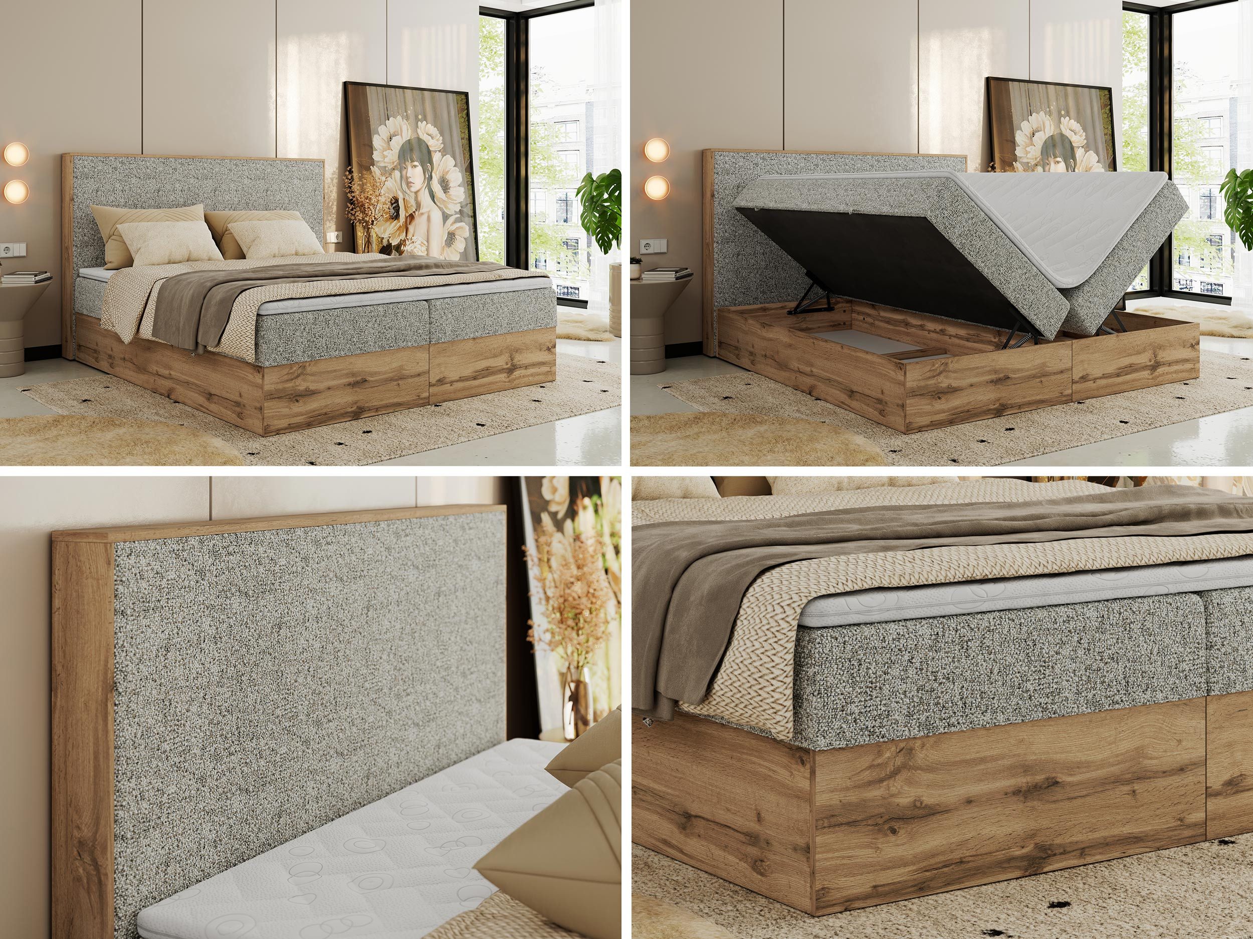 MKS MÖBEL Boxspringbett WOOD CLASSIC (Packung, Set, Topper T25/Visco, hohe Kopfteil, Multipocket-Matratze), Doppelbett, Stauraum, Möbelplattenelementen