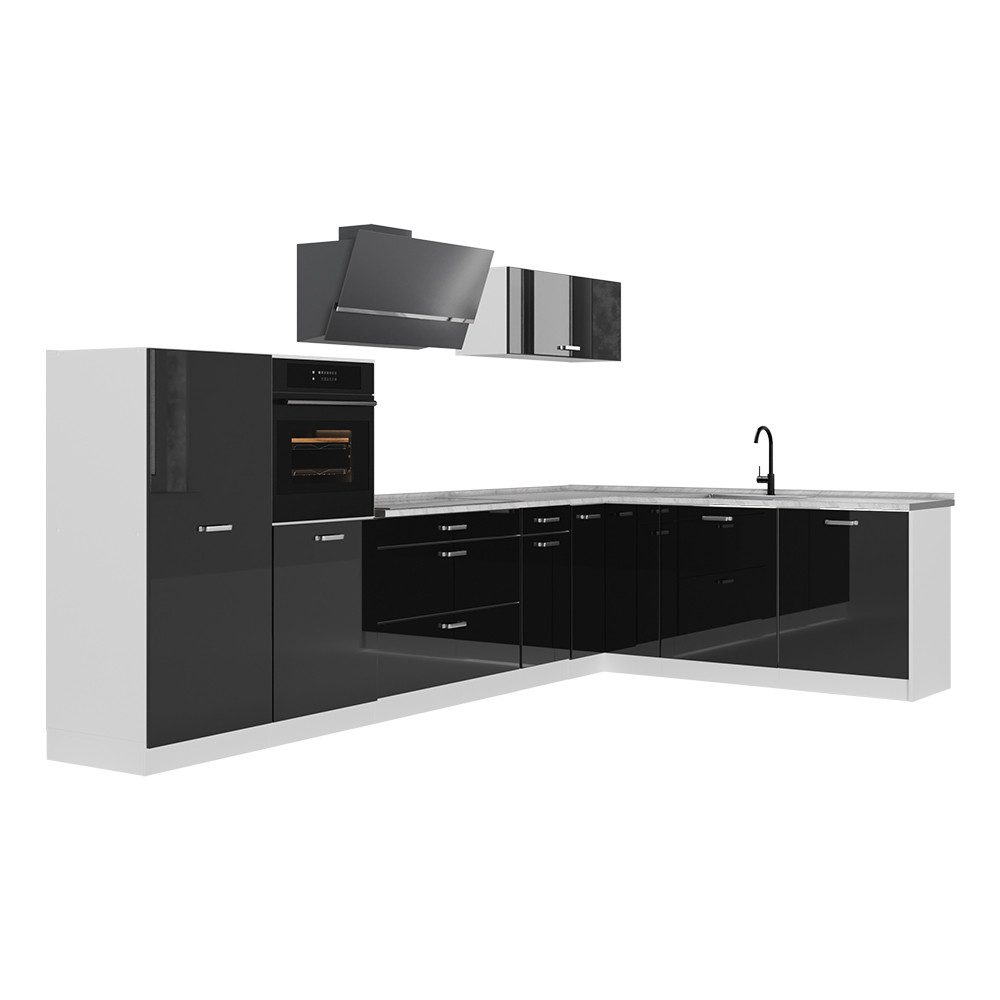 Vicco Winkelküche R-Line, Schwarz Hochglanz/Weiß, 347 x cm Arbeitsplatte Marmor