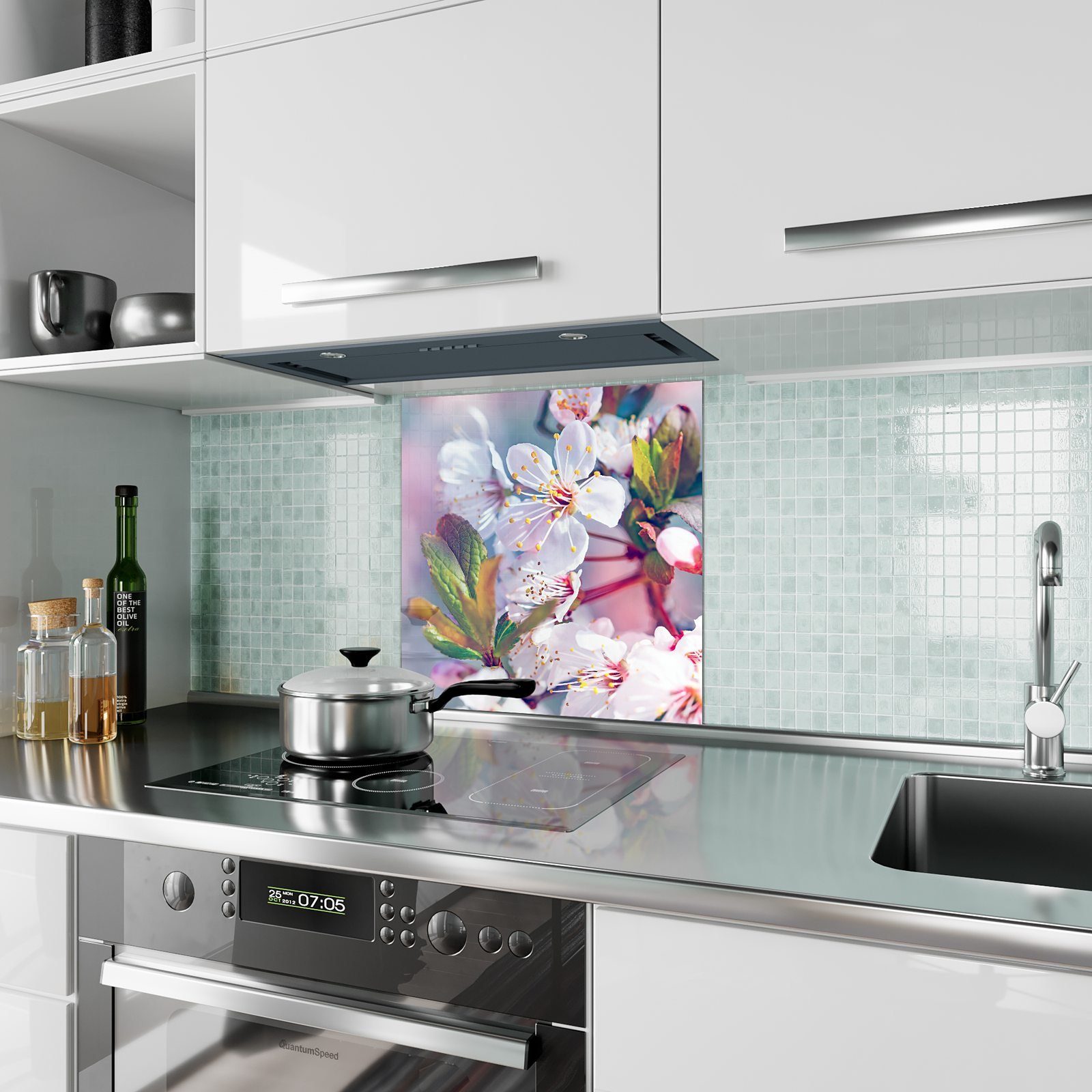 Schöne Glas Primedeco Blüten Motiv mit Küchenrückwand Spritzschutz Küchenrückwand
