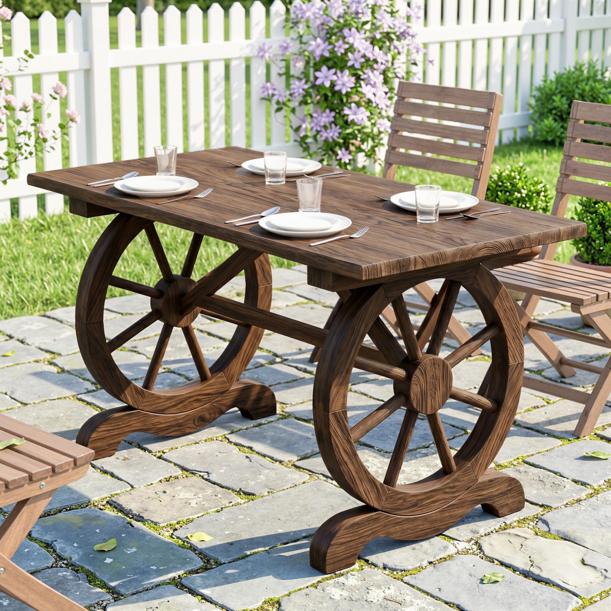 Outsunny Gartentisch Räderform, Witterungsbeständig (Balkontisch, 1-St., Holztisch), Massivholz, Natur, 110 x 60 x 65 cm