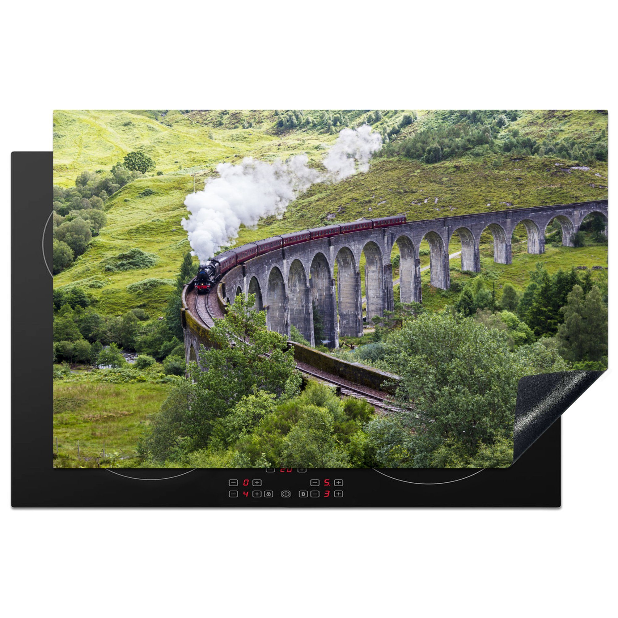 MuchoWow Herdblende-/Abdeckplatte Eine Dampflokomotive auf einer Eisenbahnbrücke, Vinyl, (1 tlg), 81x52 cm, Induktionskochfeld Schutz für die küche, Ceranfeldabdeckung