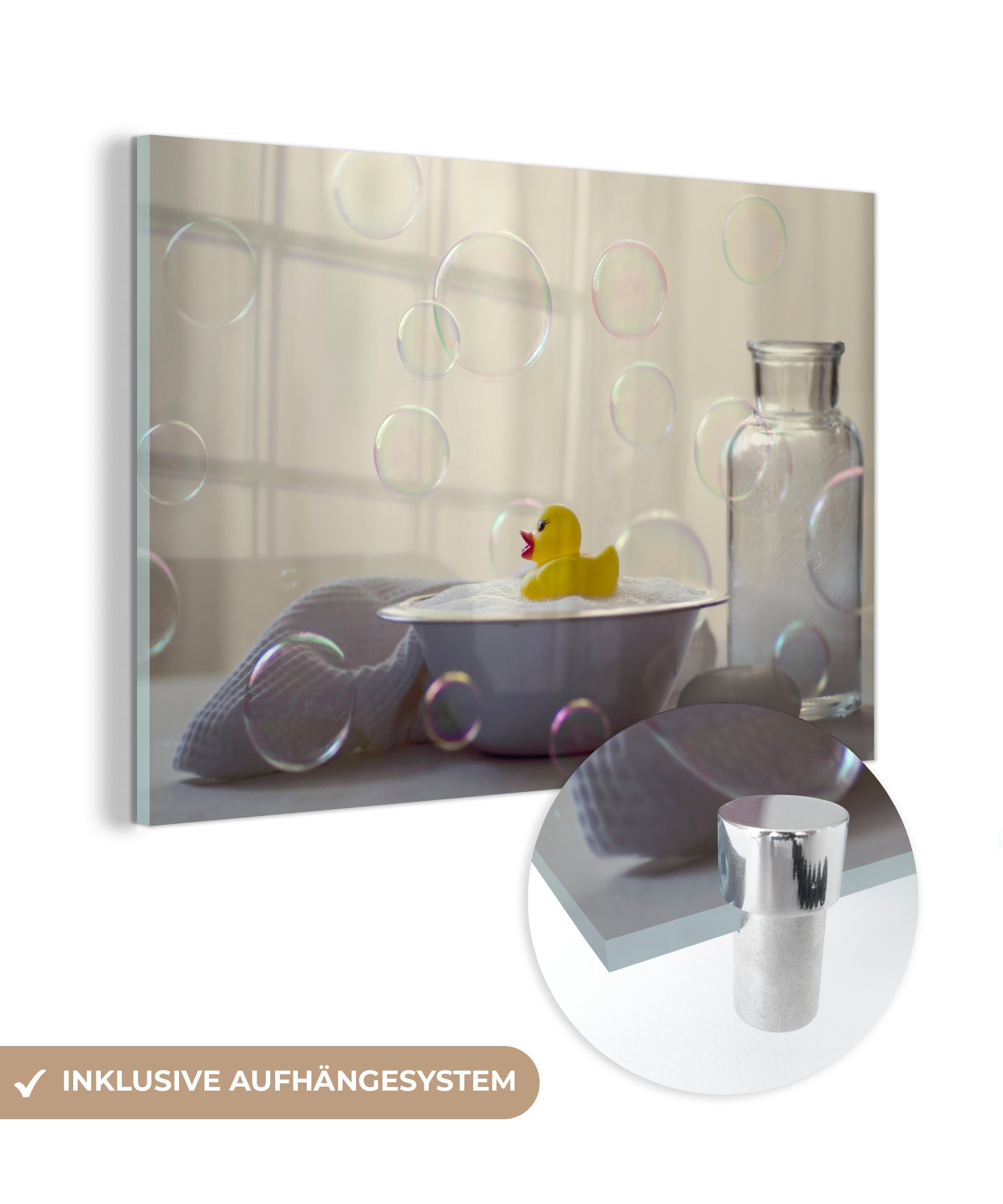 MuchoWow Acrylglasbild Gummi-Ente - Schüssel - Suds, (1 St), Acrylglasbilder Wohnzimmer & Schlafzimmer