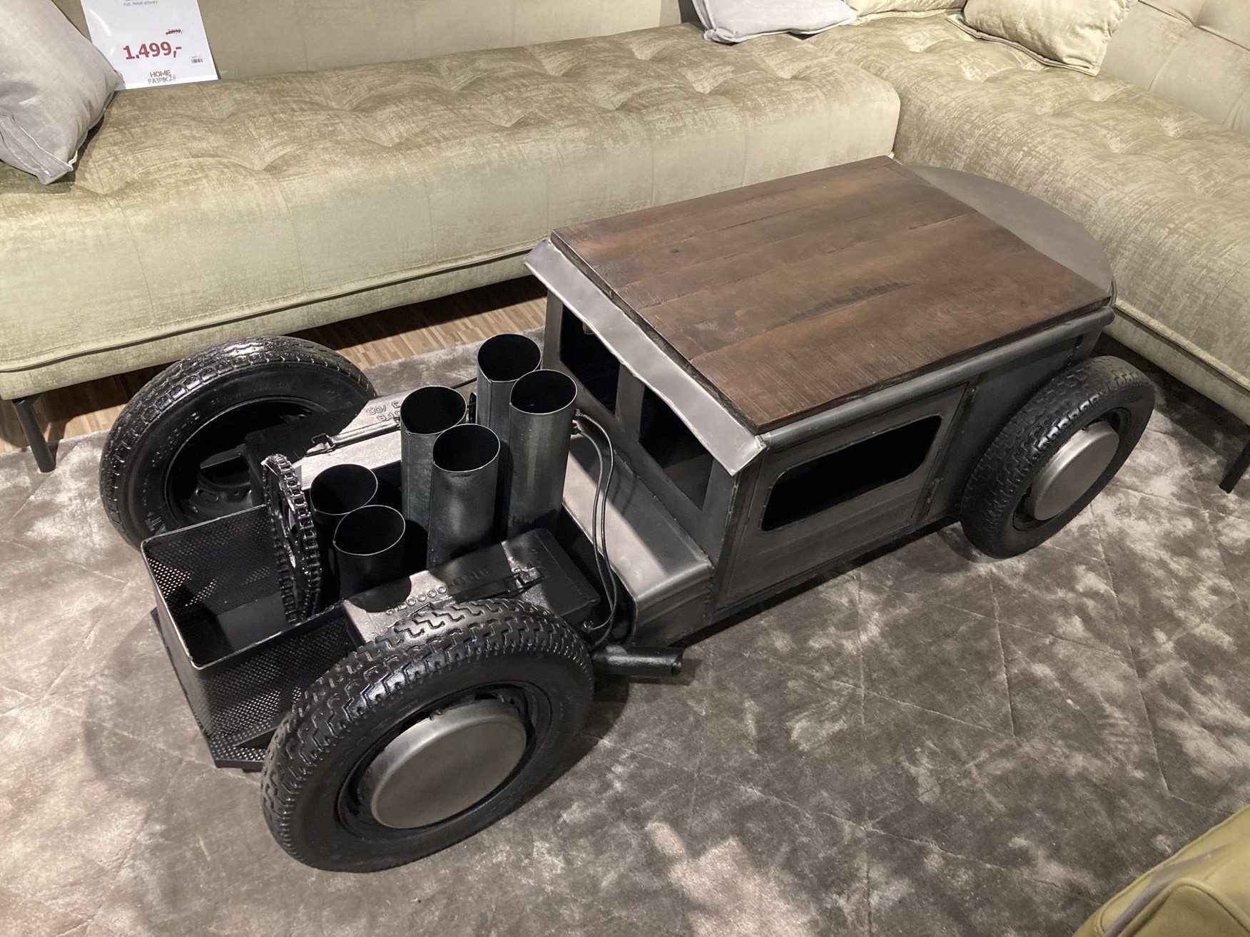 More2Home Couchtisch CAR, Metall/Mangoholz, auf 4 Rädern mit einer Tür