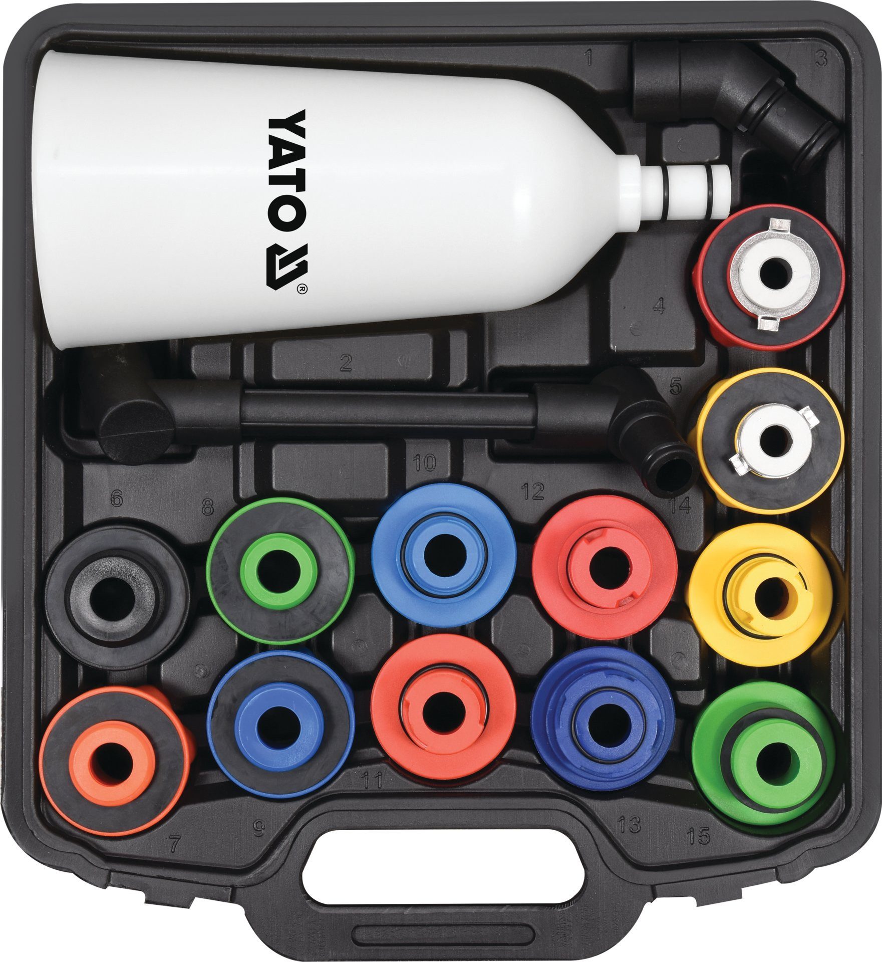 Yato Ölkanne LEJEK Z ADAPTERAMI 15 CZ., (Öl Einfülltrichter mit Adaptern 15-tlg. AUDI VW SEAT SKODA MERCEDES, Öl Einfülltrichter mit Adaptern 15-tlg. AUDI VW SEAT SKODA MERCEDES)