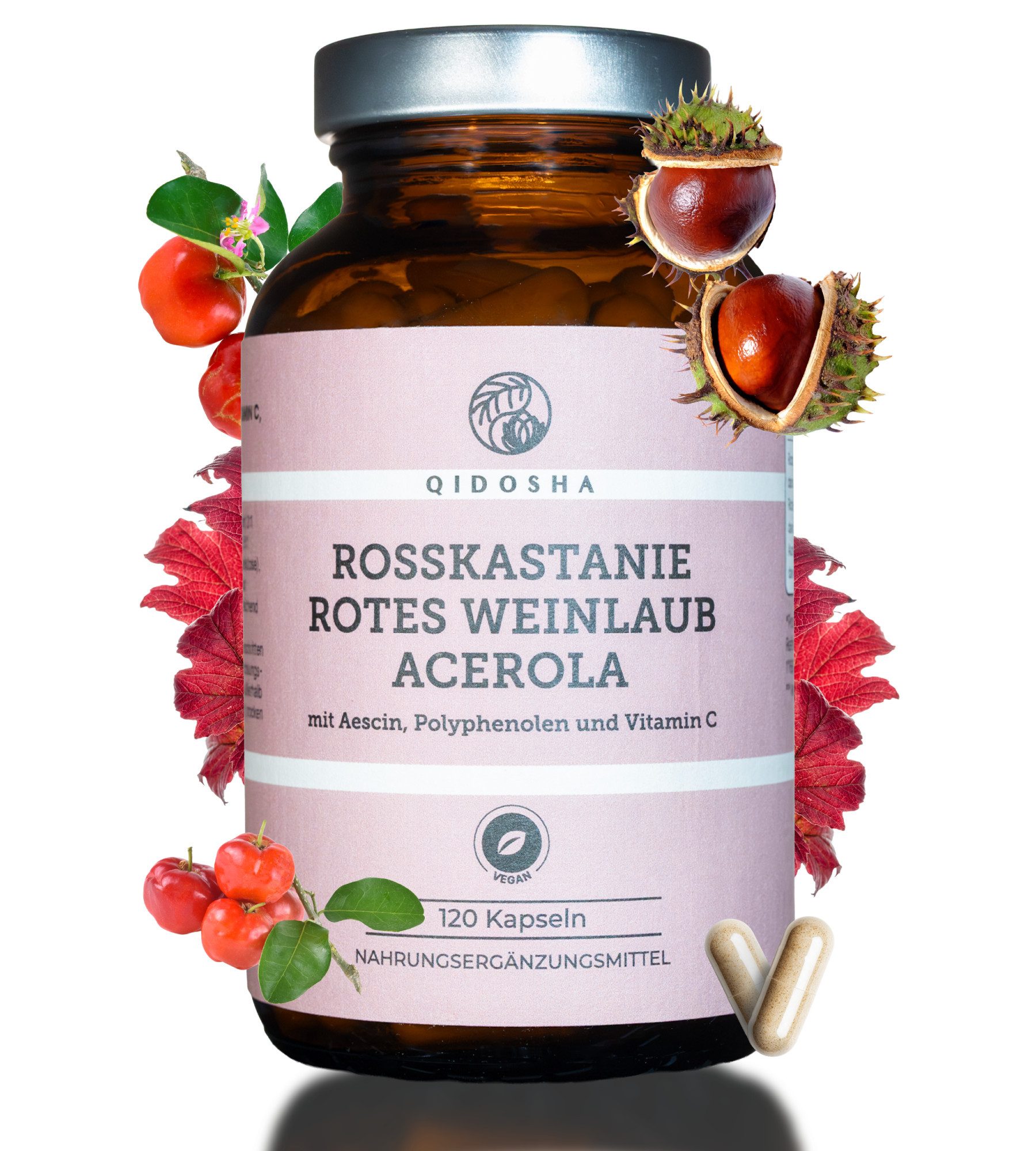 QIDOSHA Rosskastanie Kapseln mit Rotes Weinlaub & Acerola Hartkapseln, 1 er 120 St., 94.2 g, Mit Aescin, Polyphenolen & Vitamin C