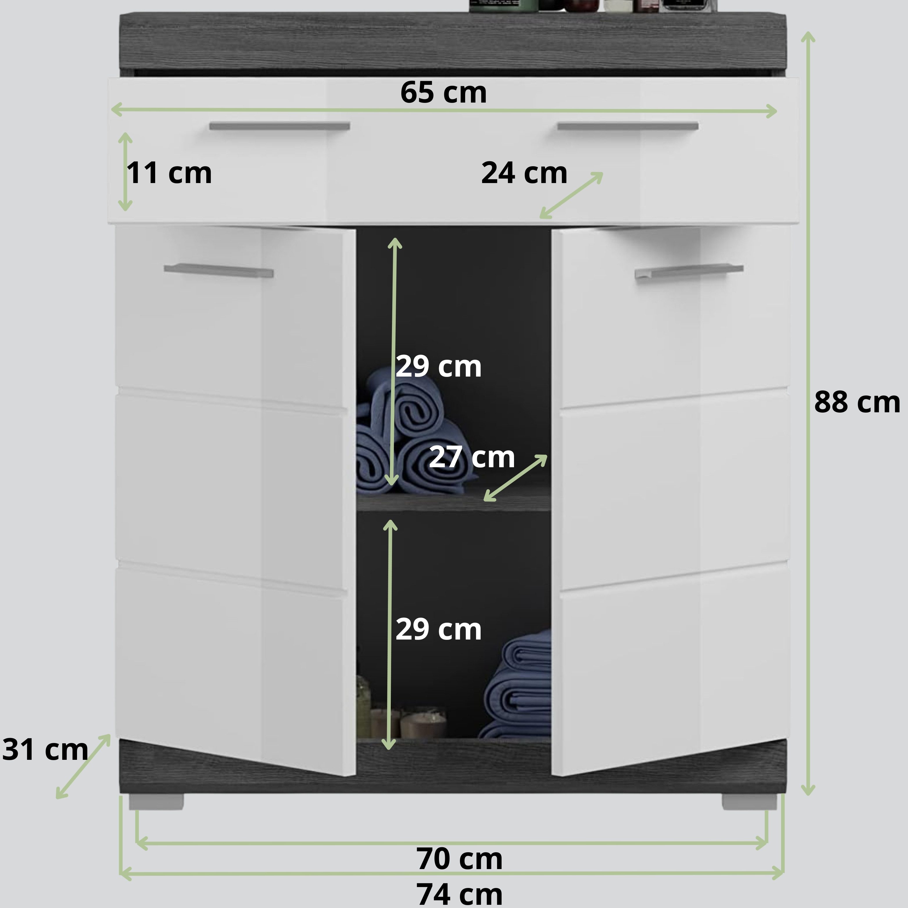 furnling Unterschrank Scott 1 Schublade, 2 Türen, Badkommode, Badschrank, Badmöbel, 74 cm breit