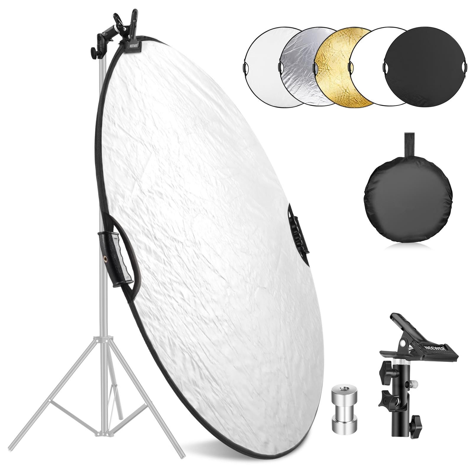 Neewer Blitzlichtreflektoren 5-in-1 Lichtreflektor, mit Doppelgriffe, für Studio, 56/80/110/130cm, (Packung), Außenbeleuchtung, durchscheinend/Silber/Gold/Weiß/Schwarz