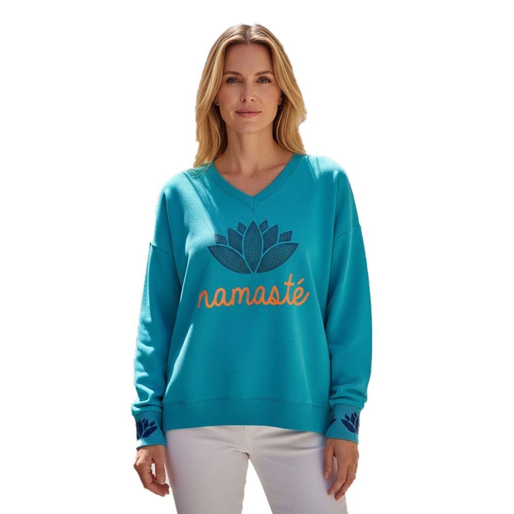 Miss Goodlife Sweatshirt MG13636 V-Neck „Namasté Strass“ – Türkis, mit Glitzerprint