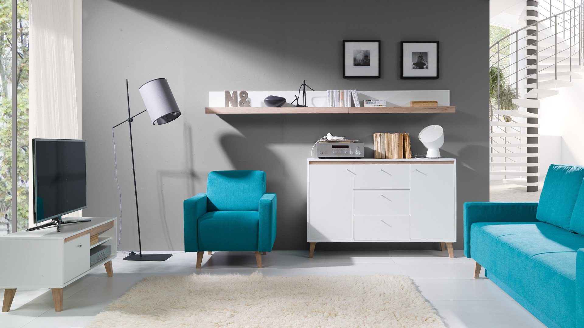 Stylefy Wohnwand Dodo Weiß Sanremo Eiche, (Set (4-St), Wohnmöbel), bestehend aus 1xLowboard, 1xKommode und 2xWandboard, variabel stellbar, Modern Design