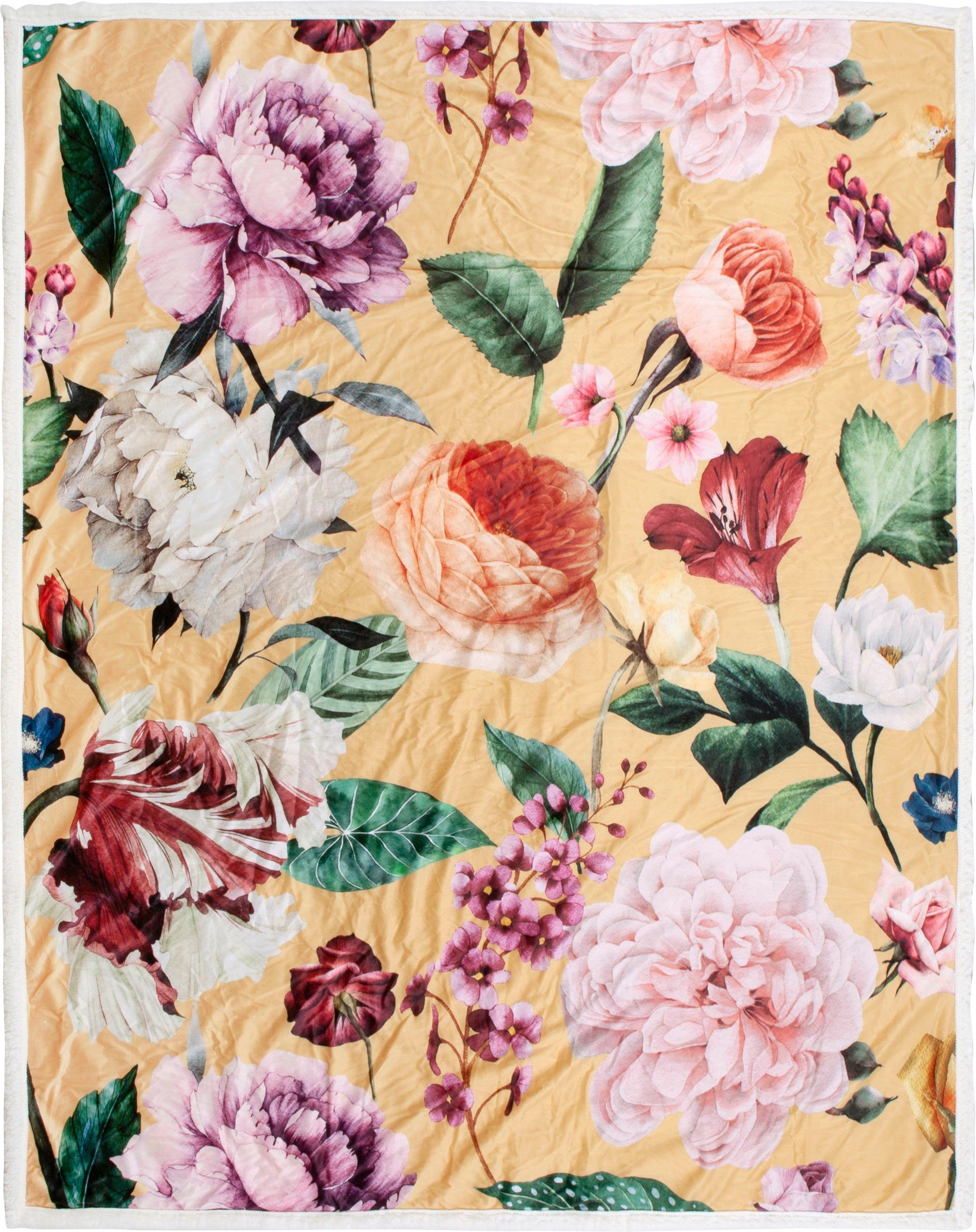 Plaid Fiori, Descanso, Sehr Weich, Kuscheldecke, 130x160 cm, Wendeoptik, Blumen, Sand