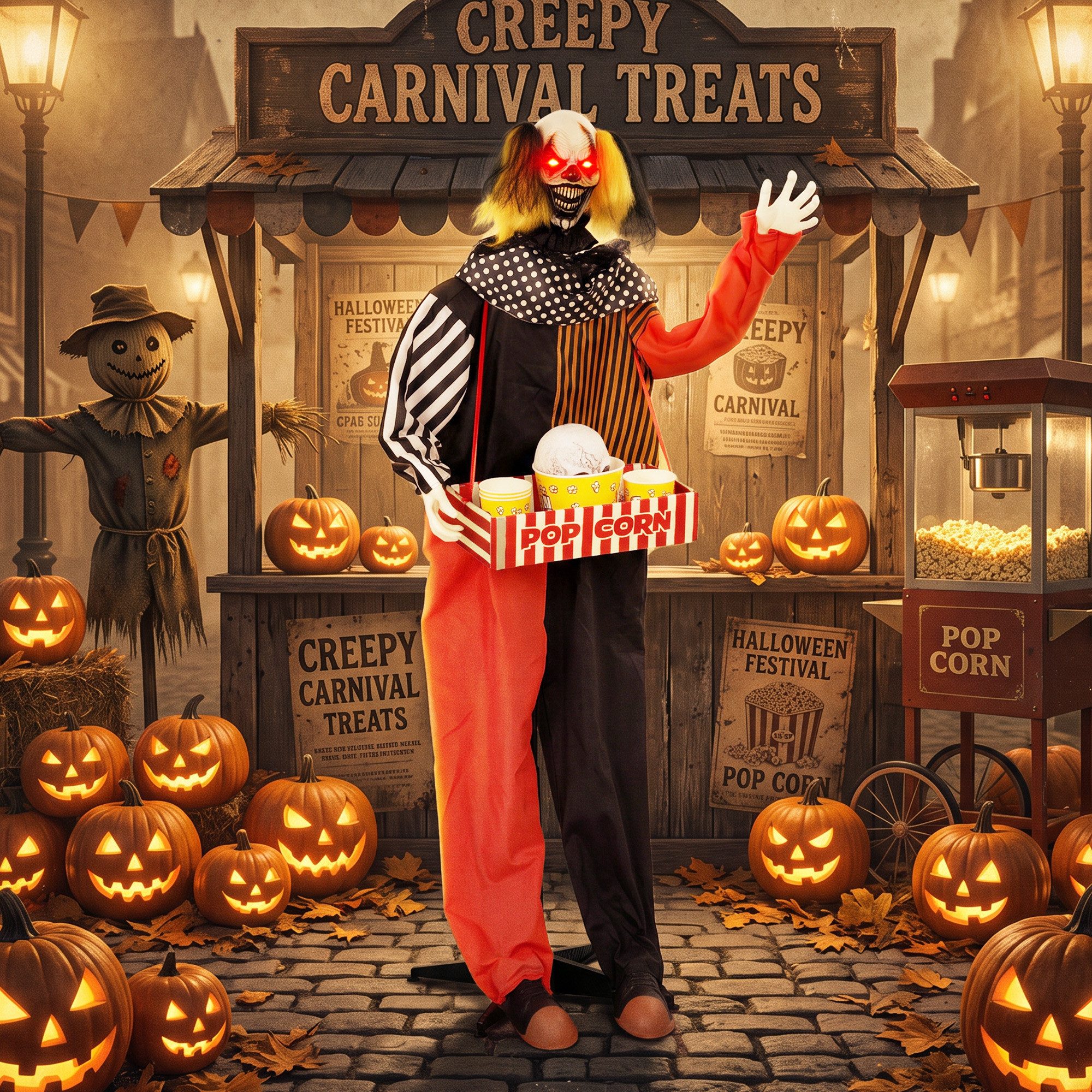 HOMCOM Dekofigur Animierter Halloween-Popcorn-Clown (Set, 1 St., 1-tlg), Kopf schnellt hoch, rote LED-Augen