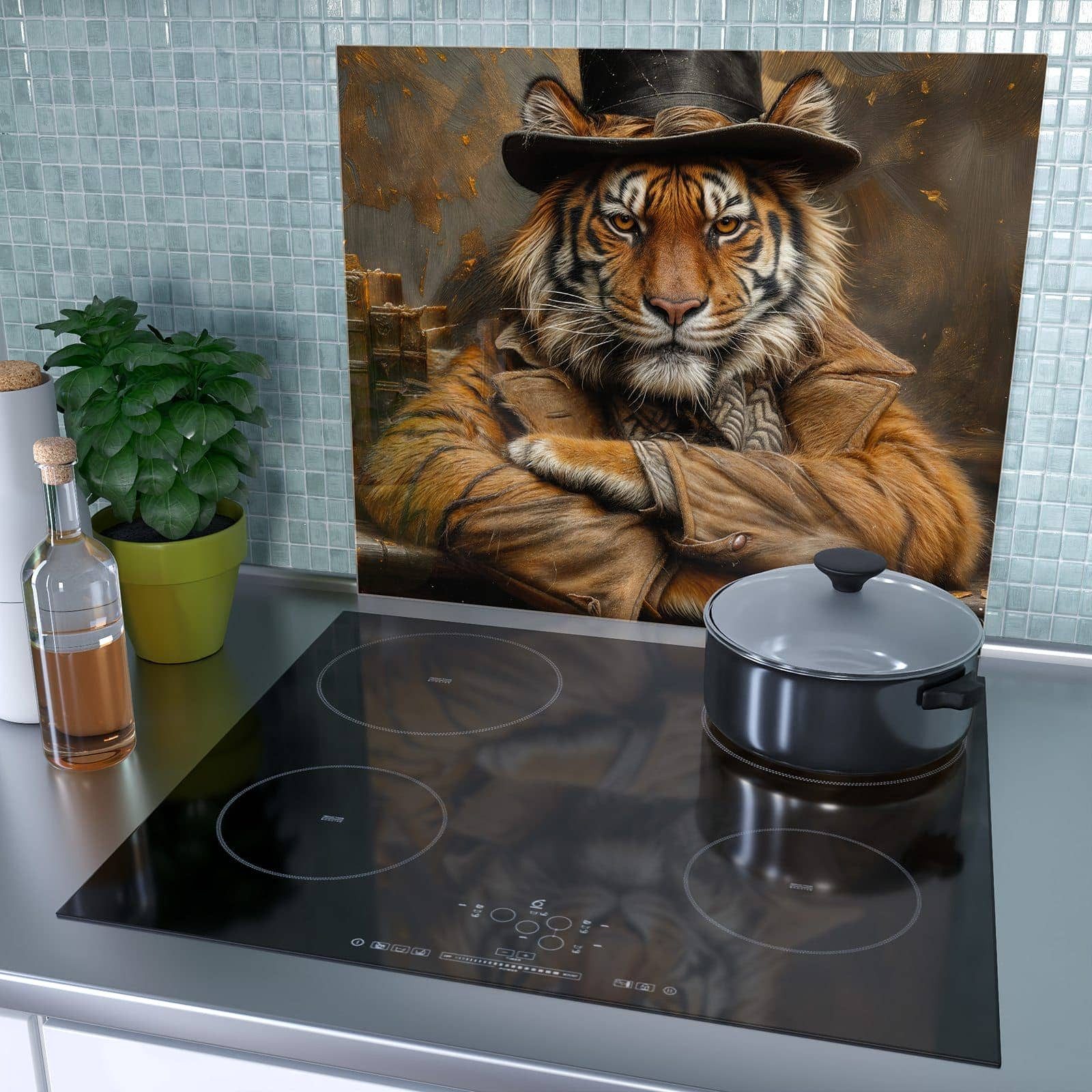 Primedeco Herd-Abdeckplatte Herdabdeckplatte Spritzschutz aus Glas Tiger mit Zylinder, Glas, (1 tlg) – Bild 3 von 5