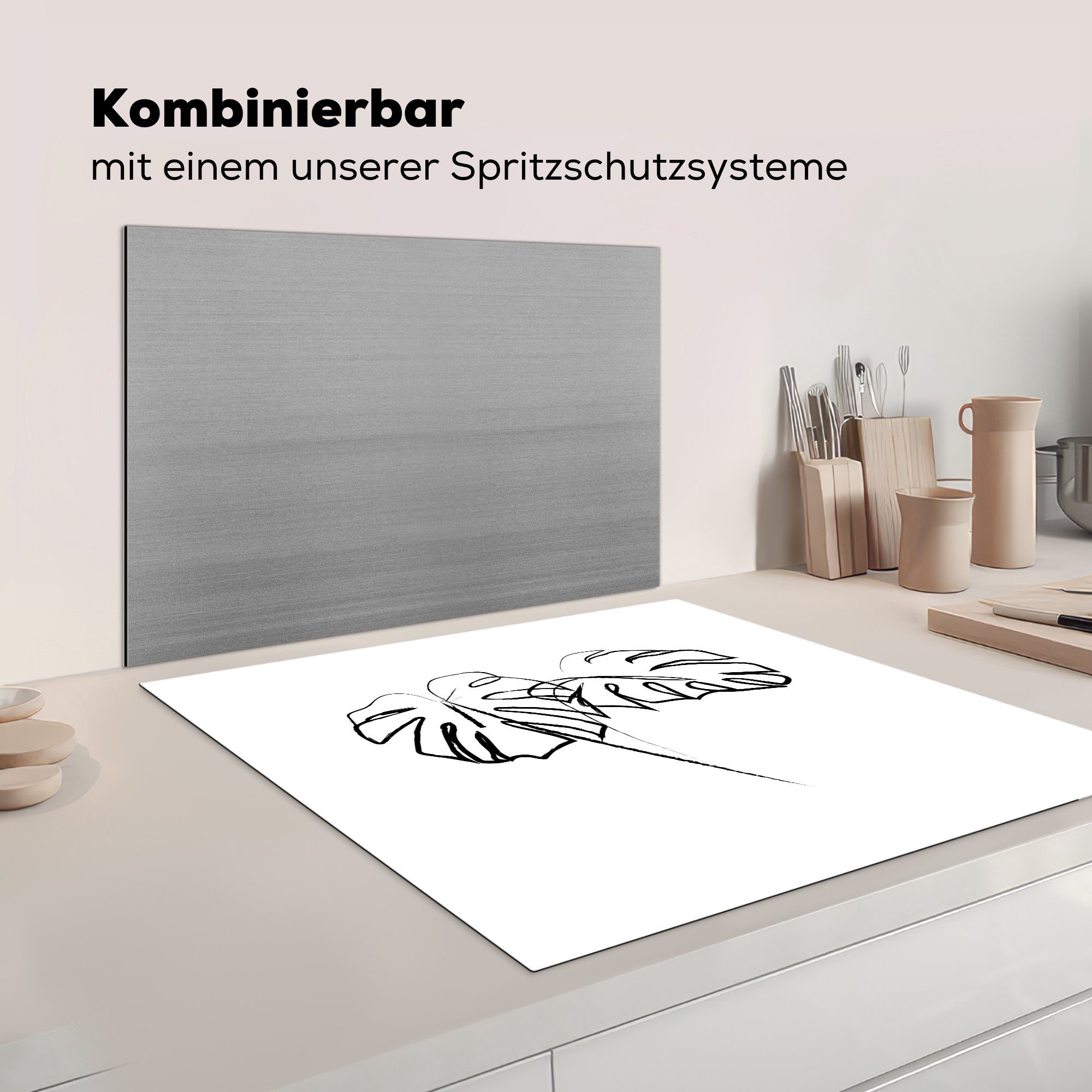 für cm, Vinyl, küche Arbeitsplatte (1 - - tlg), MuchoWow Ceranfeldabdeckung, Strichzeichnung, Pflanze Herdblende-/Abdeckplatte 78x78 Monstera