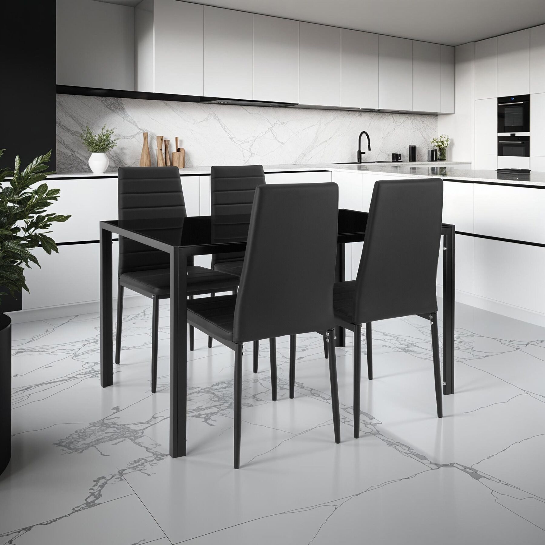 tectake Sitzgruppe Essgruppe Berlin - Kunstlederstühle mit Glastisch, (Esszimmer Möbel Berlin, 5-tlg., in schwarz), Geringes Gewicht, Tisch belastbar bis 60 kg