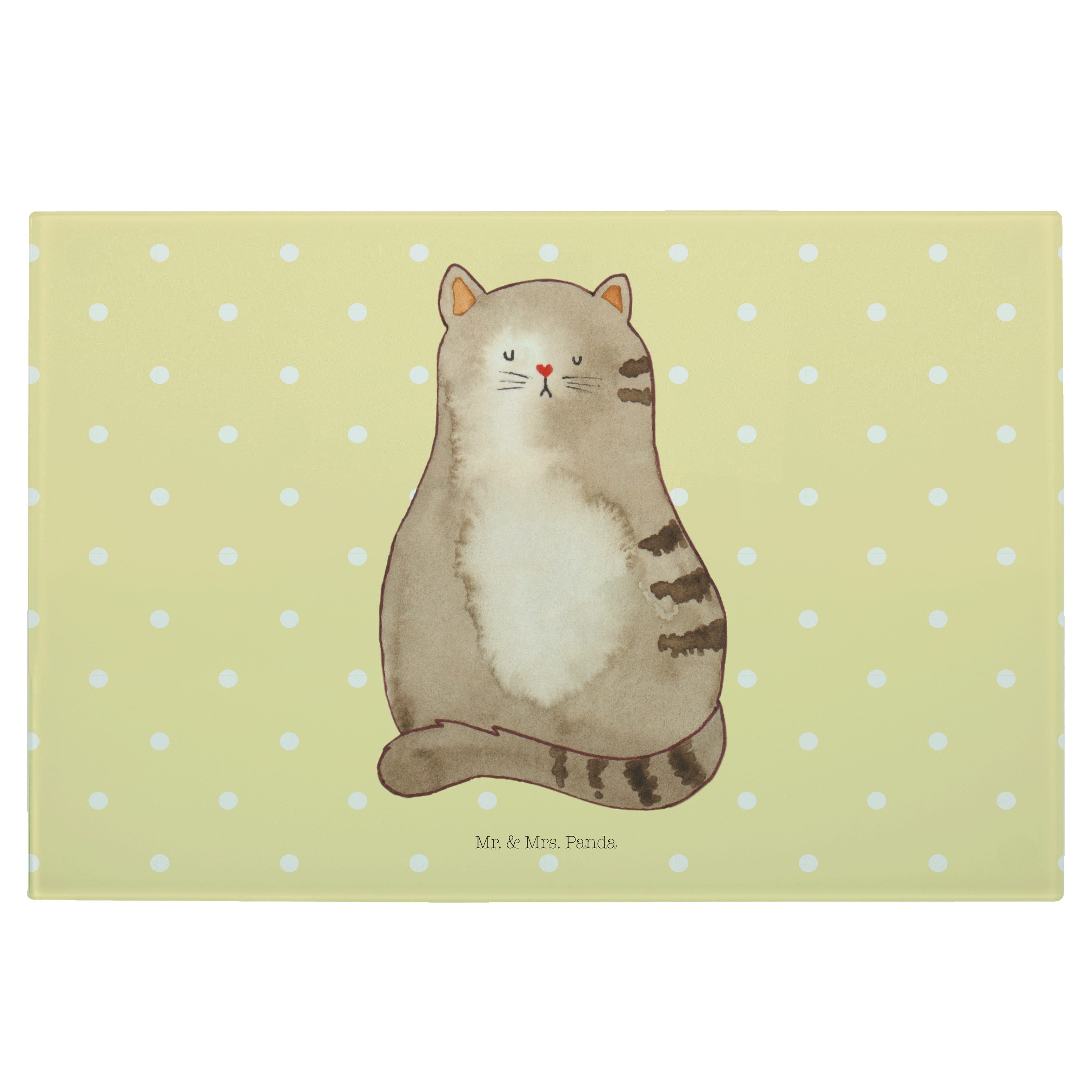 Mr. & Mrs. Panda Servierbrett Katze sitzend - Gelb Pastell - Geschenk, Katzenliebhaber, Glasschneid, Premium Glas, (1-St)