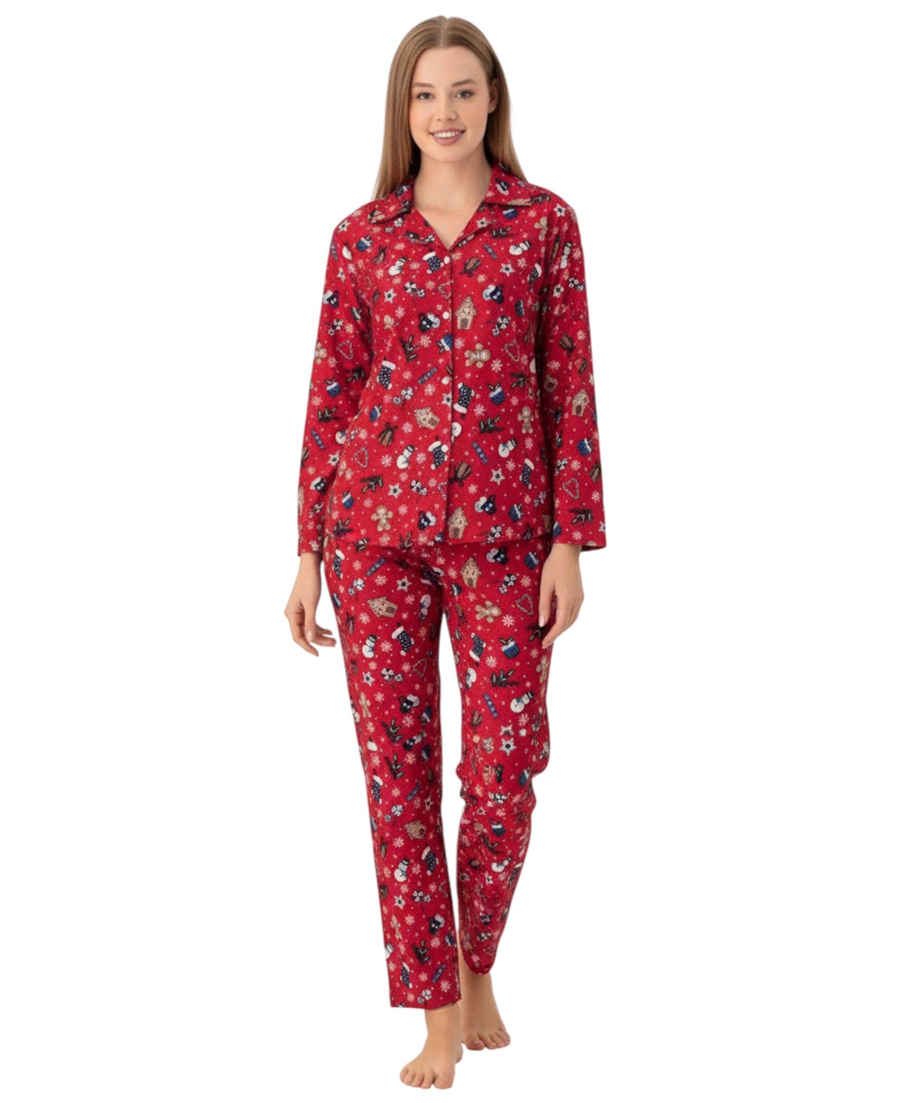 fashionshowcase Pyjama Damen Schlafanzug mit Weihnachtsmotiven Rot & Schwarz (Zweiteilig, Oberteil und Hose) Langlebiger Druck, wärmender Stoff