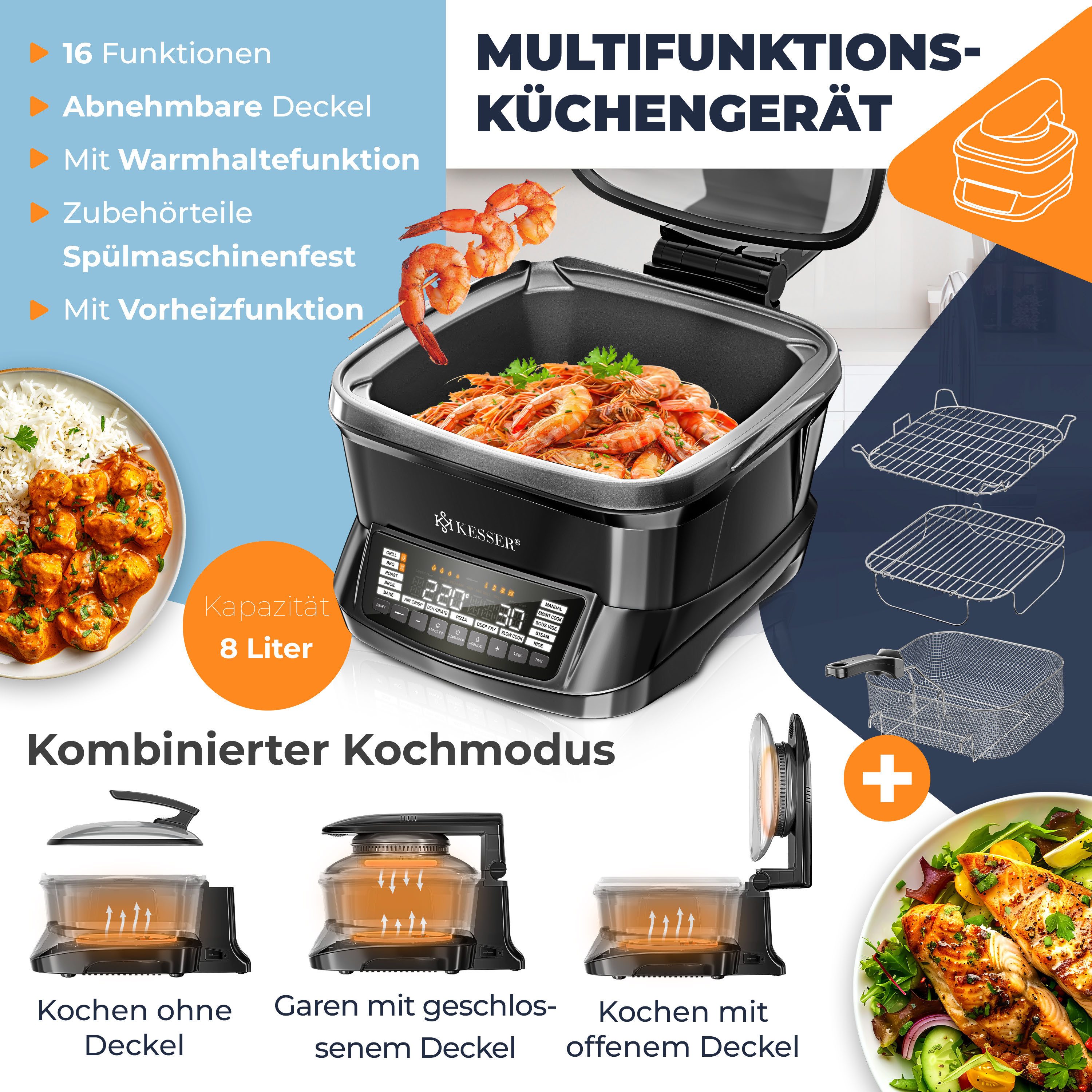 KESSER Multikocher Küchengerät mit 16 Programmen Grillen, Backen, Schmoren, Dampfgaren, 1800 W, All-in-One Slow Cooker, Schnellkochkopf, Heißluftfritteuse, Reiskocher