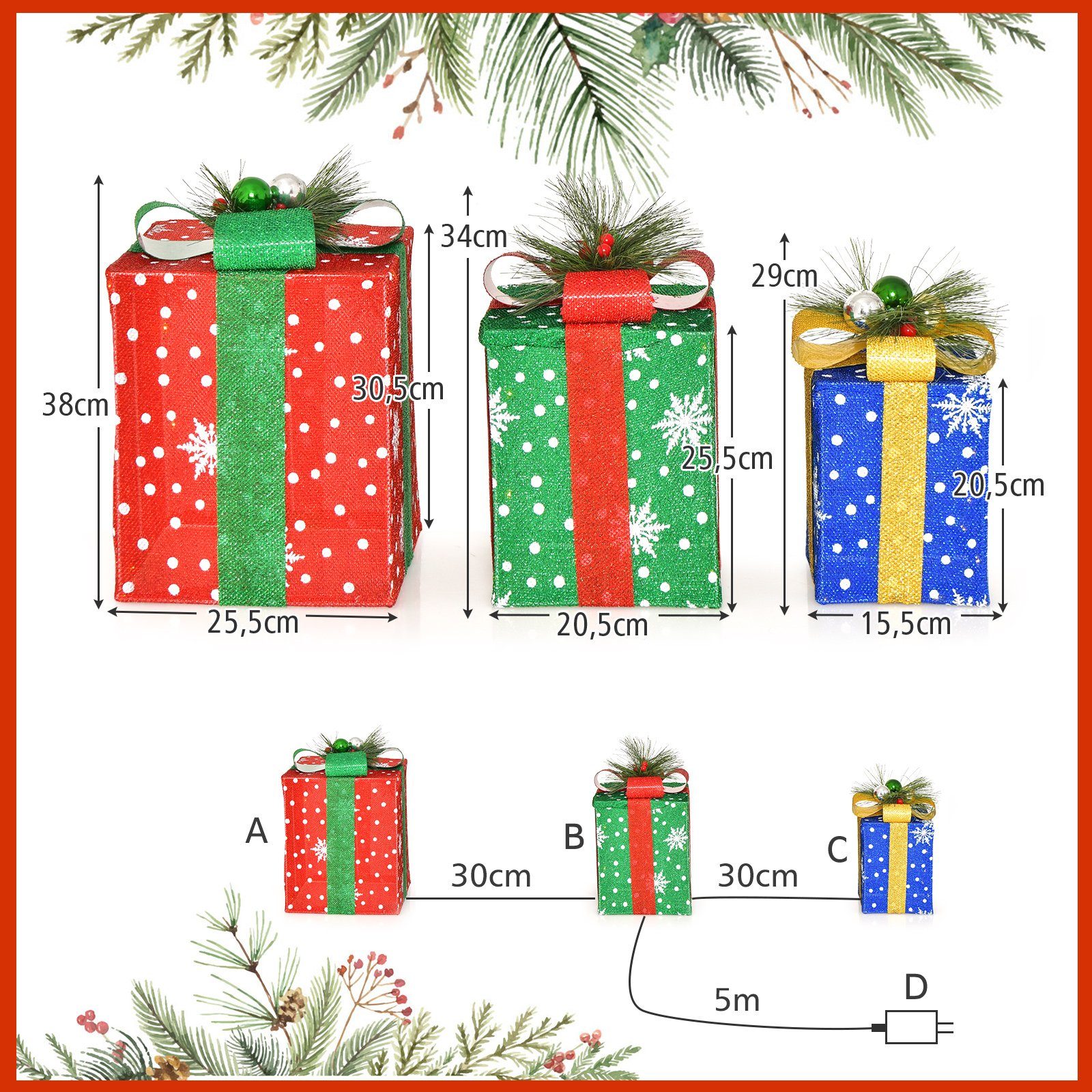 COSTWAY Weihnachtsfigur, Geschenkboxen mit Schleife und 52 warmweiß LEDs