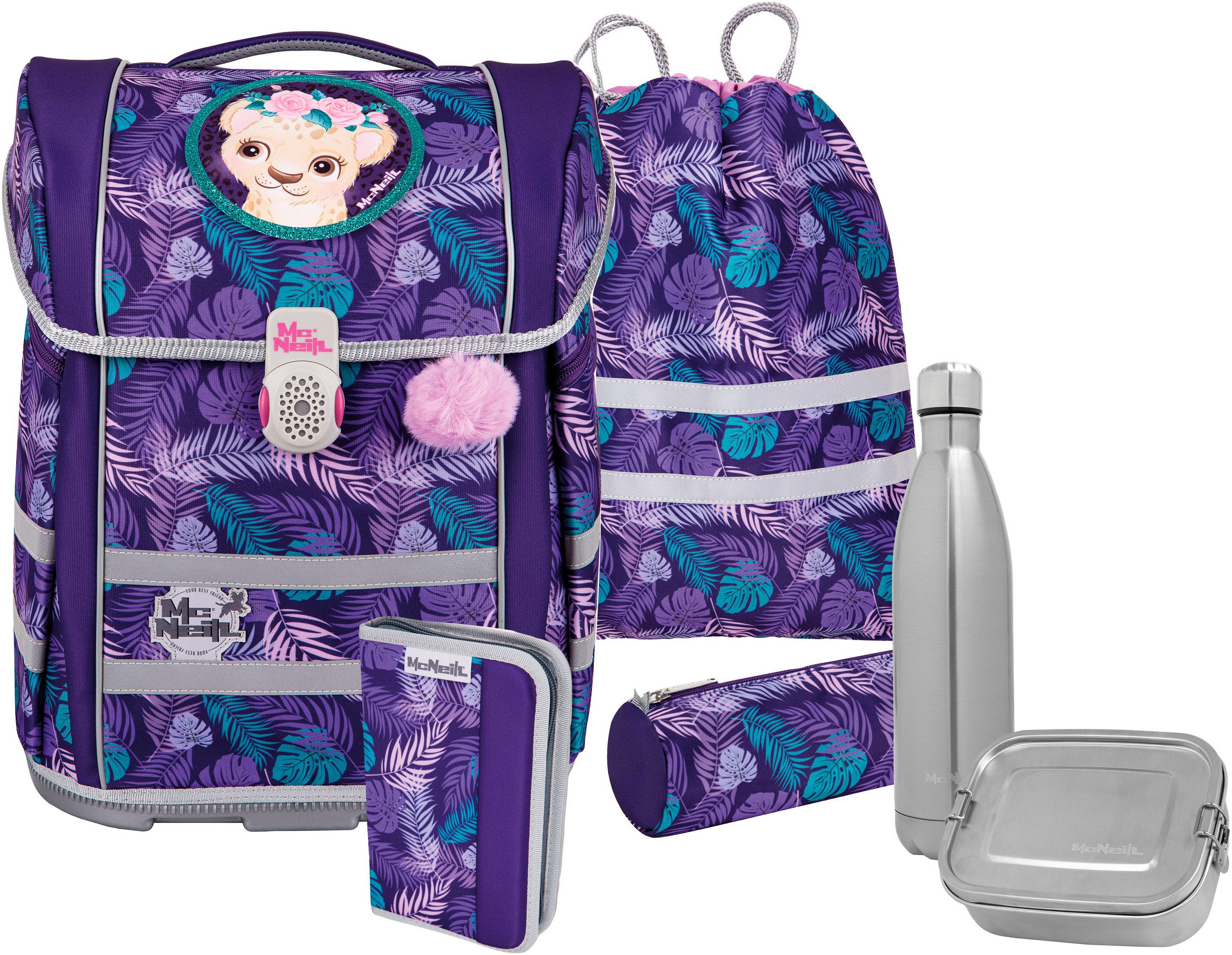 McNeill Ранцы Perfecto, Dschungel (Set, 5-tlg), inkl. Federmäppchen, Turnbeutel, Schlamperrolle & Motivmagnet