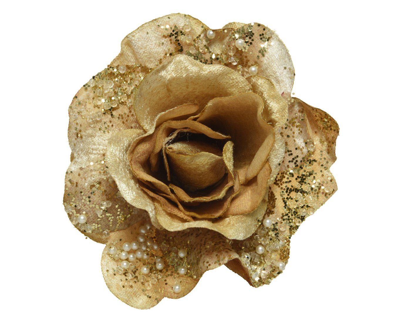 Kunstblume, Decoris season decorations, Kunstblumen Samt - Rose auf Clip 13cm gold