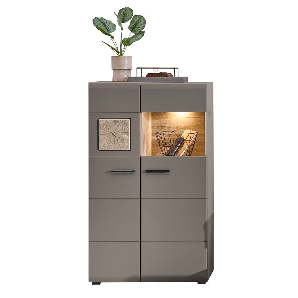 Lomadox Highboard FARO-36, basalt Absetzungen Eiche Hirnholz und Beleuchtung 80/139/37 cm