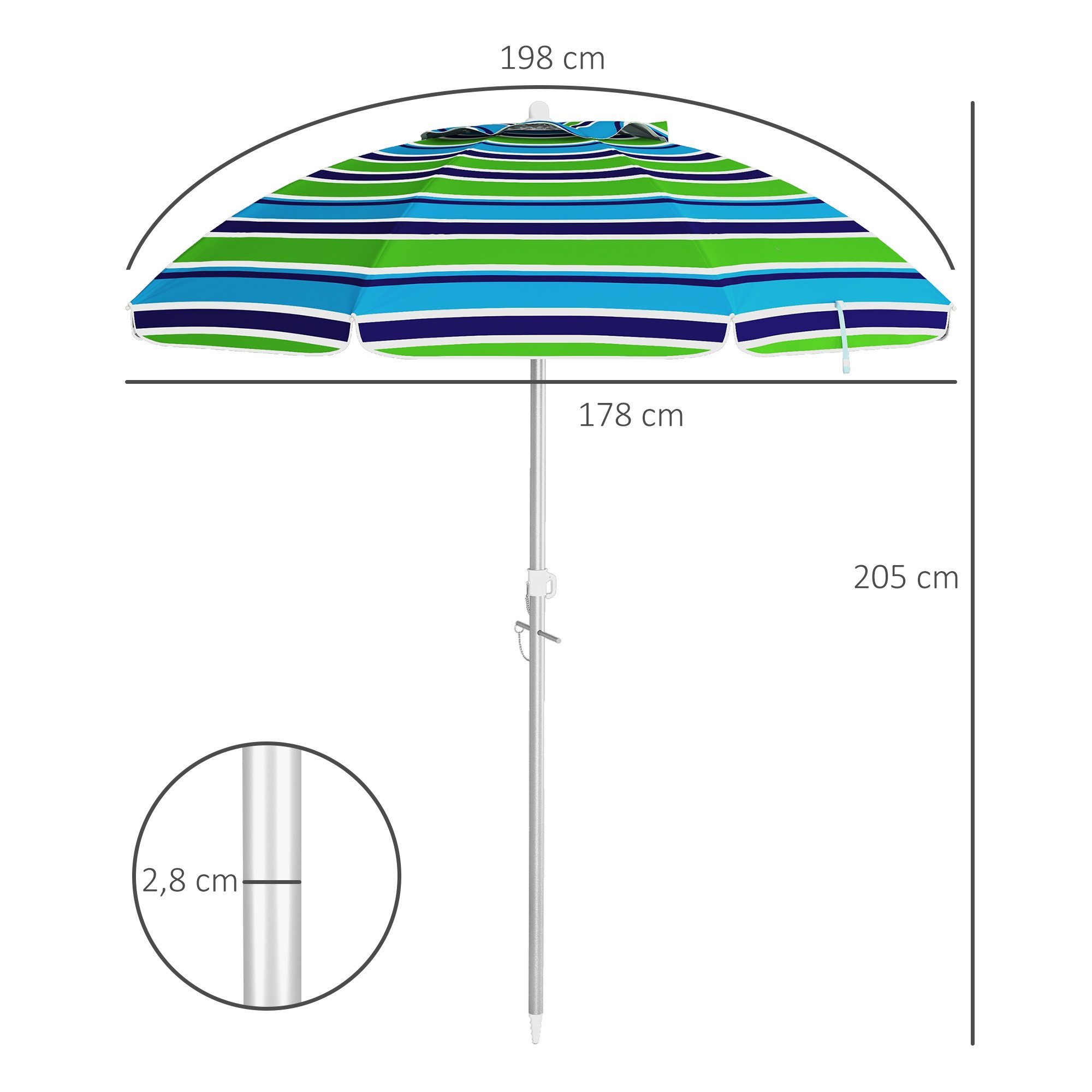 Outsunny Sonnenschirm windfest höhenverstellbar Strandschirm mit Neigung Belüftung Tasche, LxB: 178x178 cm, Sonnenschirm Strand, Strandschirm, UV 40+ für Reisen Strand Balkon Camping Mehrfarbig