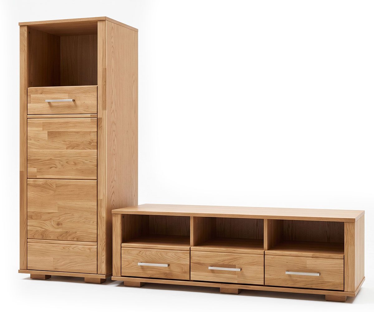 Feldmann-Wohnen Wohnwand Sandra, (1 Lowboard, 1 Stauraumschrank, 2-St., moderne Optik, 2-teilig, Füße und Front aus Massivholz), 2-teilig Eiche Natur Teilmassiv