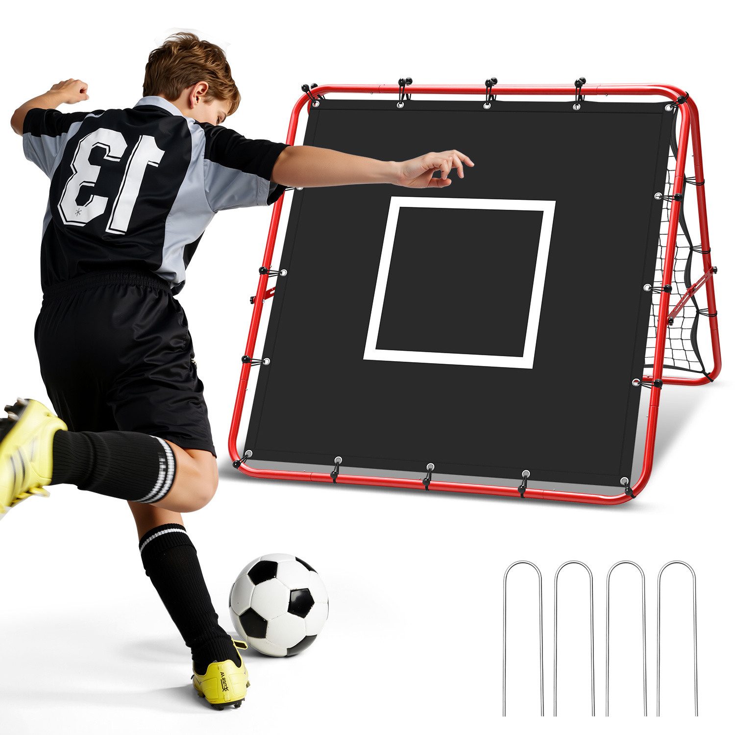 Clanmacy Rebounder Dubbelzijdig voetbal reboundnet 120 x 120 cm met 420D doelzeil, (1-St)
