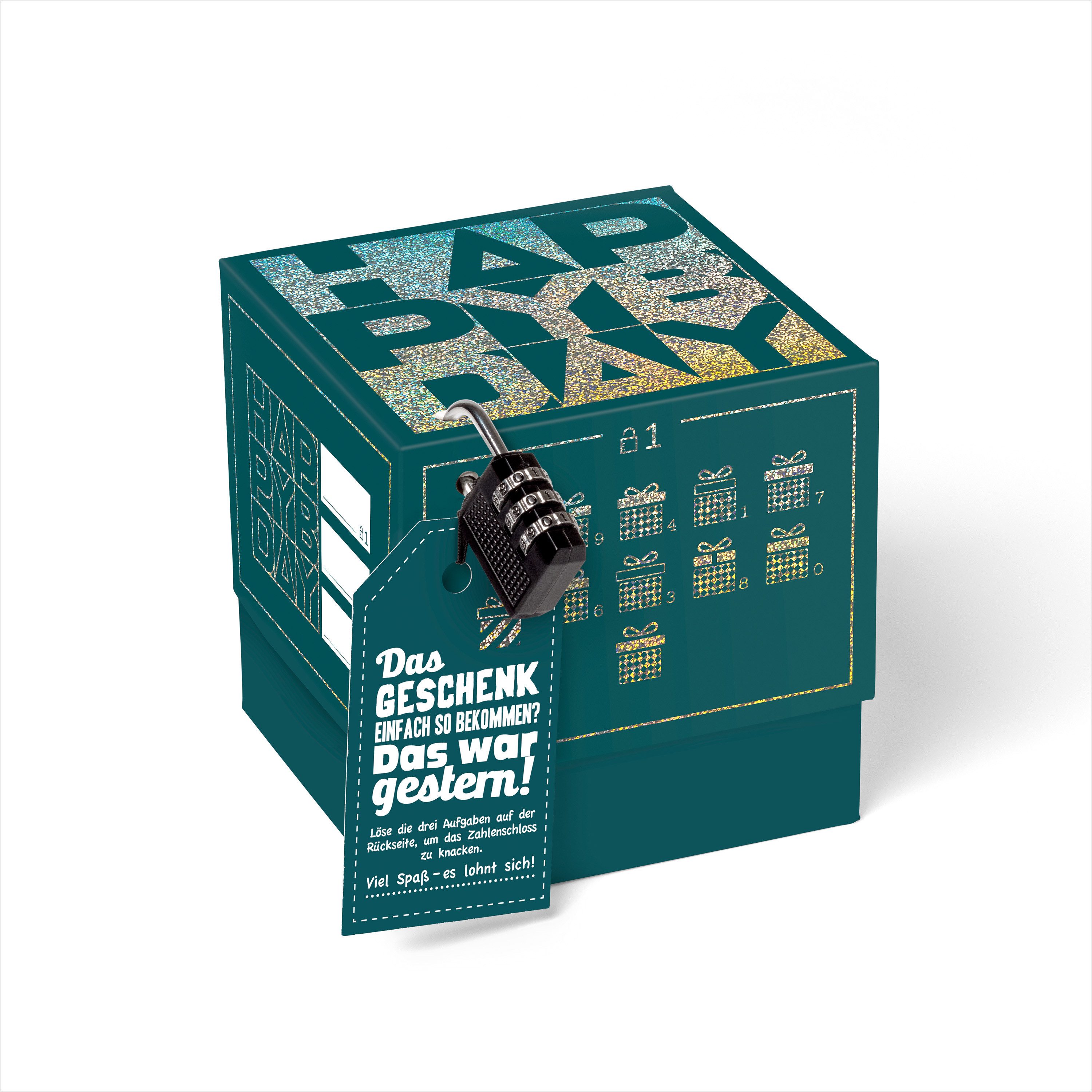 SURPRISA Geschenkbox Rätsel-Geschenkbox Happy Birthday mit Glitzer, originelle Geburtstagsbox mit Zahlenschloss zum Geburtstag