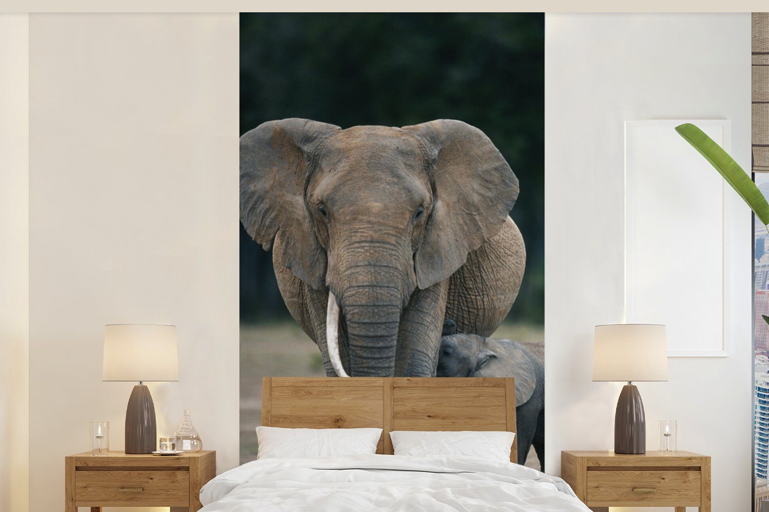 MuchoWow Fototapete Elefant - Tiere - Flachland - Natur, Matt, bedruckt, (2 St), Vliestapete für Wohnzimmer Schlafzimmer Küche, Fototapete