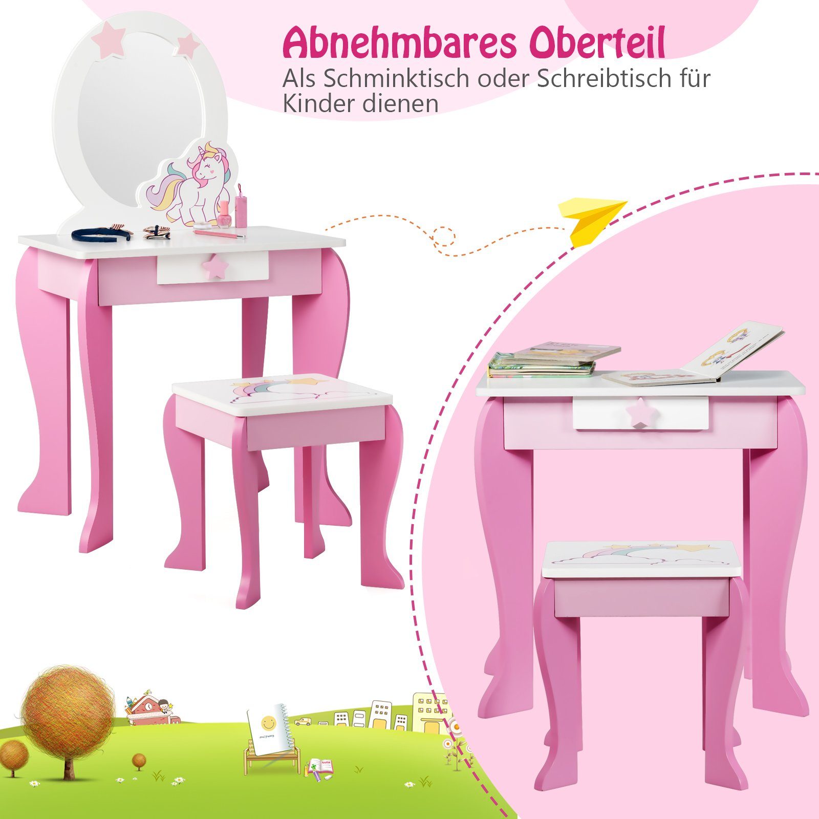 COSTWAY Schminktisch, Kinder, mit Hocker, Schublade und abnehmbarer Spiegel