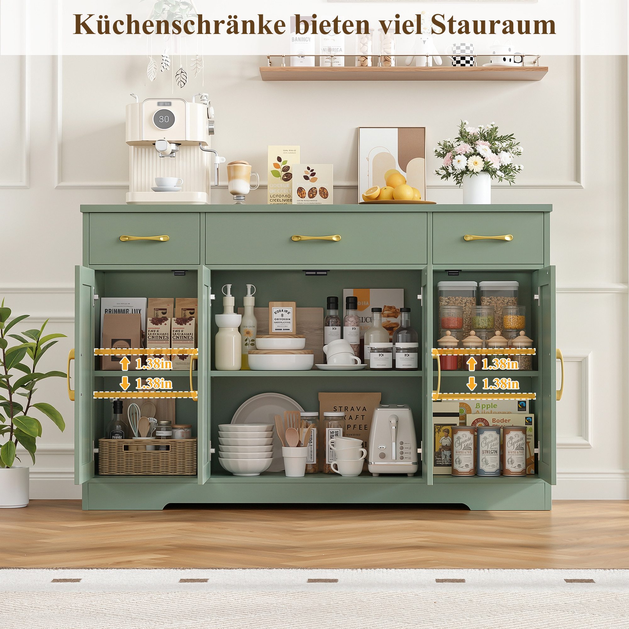 HOMECHO Sideboard, 140cm Breite Küchenschrank 3 Schubladen 4 Türen, Verstellbaren Regalen