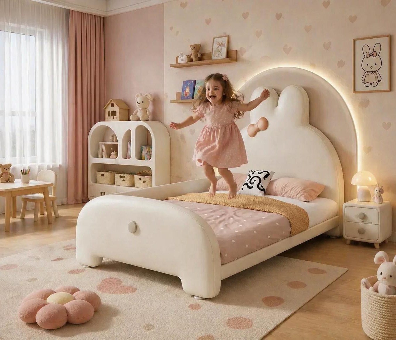 Xlmoebel Kinderbett Weißes Polsterbett für Kinder im Häschen-Design, Made in Europa