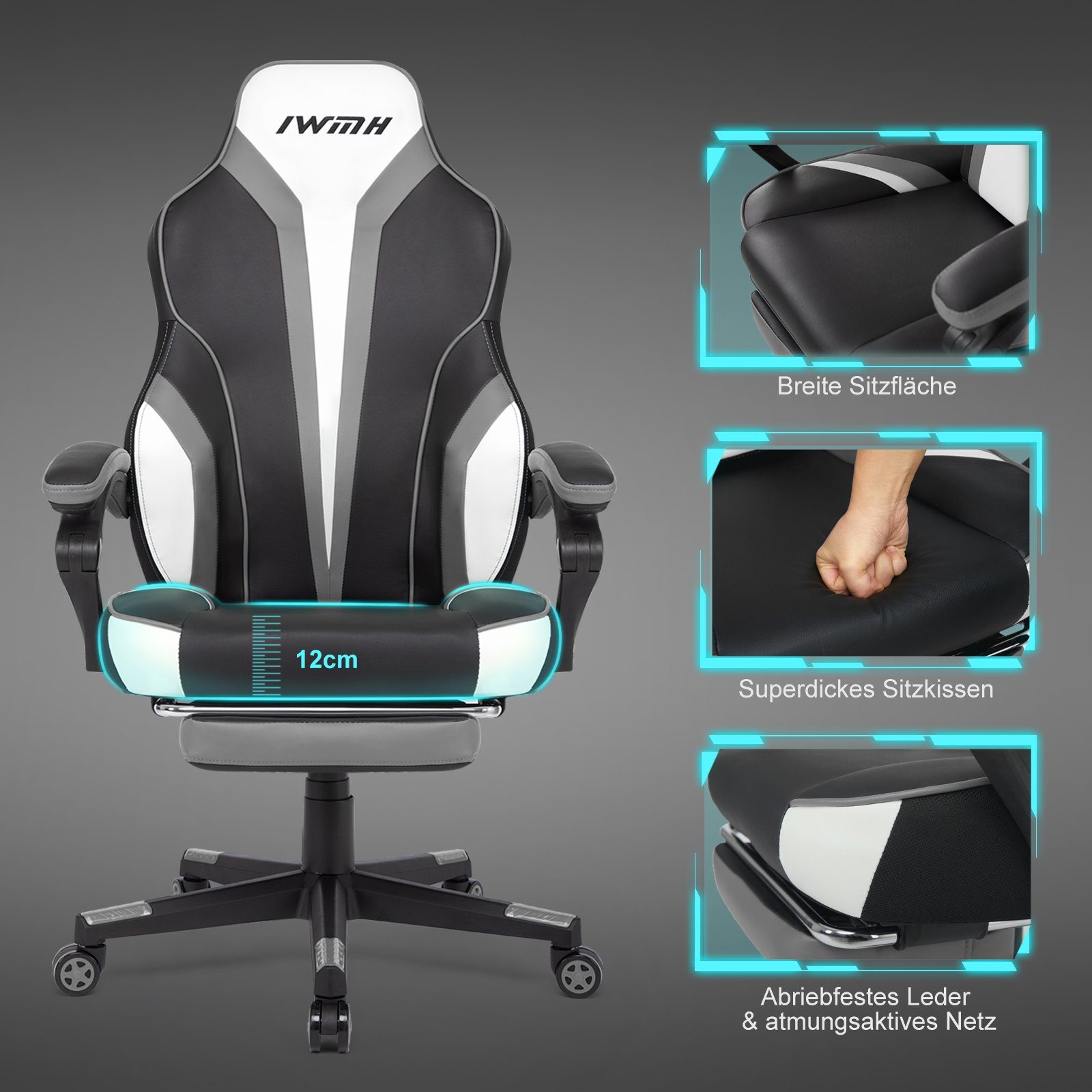 Intimate WM Heart Gaming-Stuhl, mit und Massage-Lendenstütze hoher Rückenlehne, grau Fußstütze klappbarer