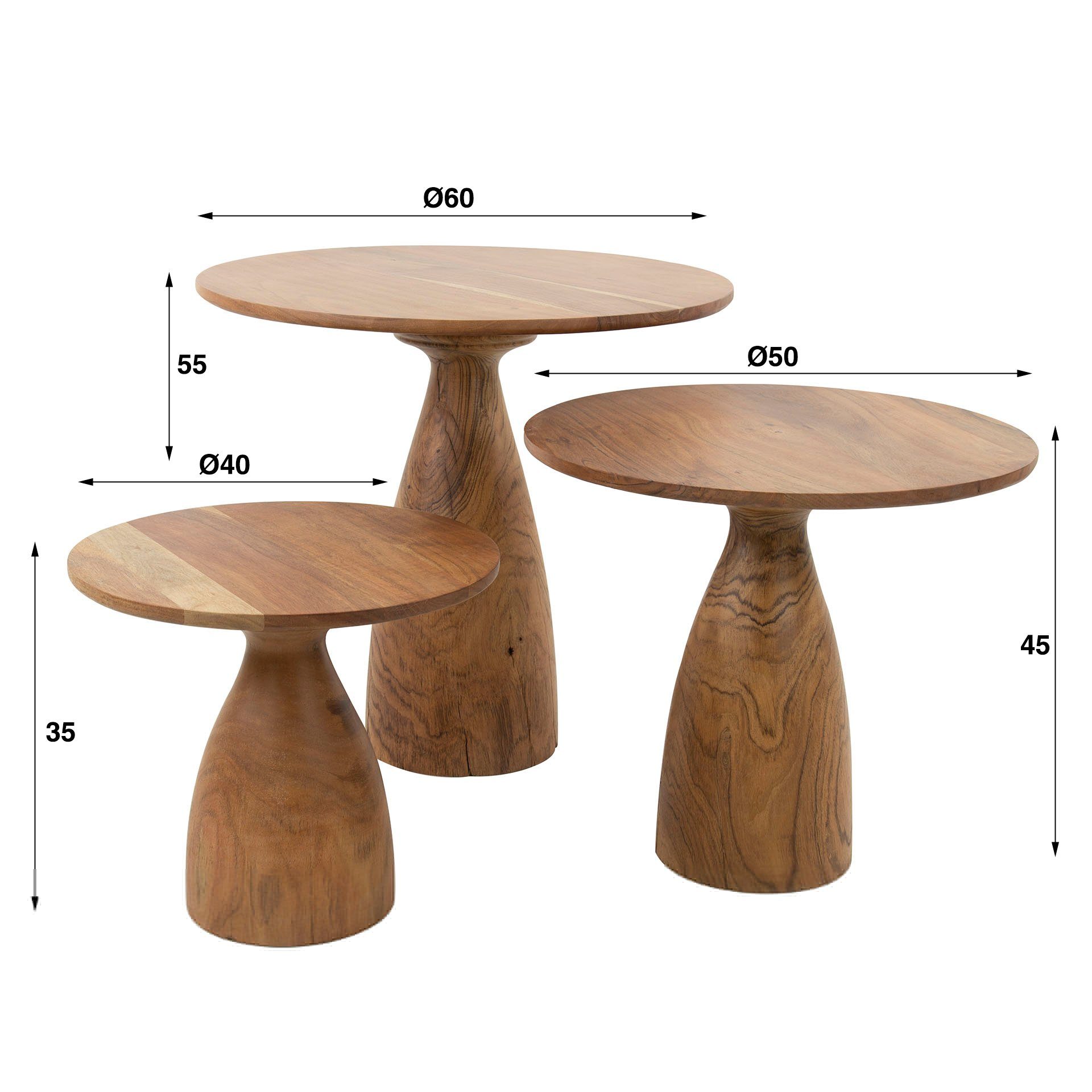 LEVEN Lifestyle Beistelltische organischer Set Akazienholz aus (3-St) Fuß 3´er rund Couchtisch