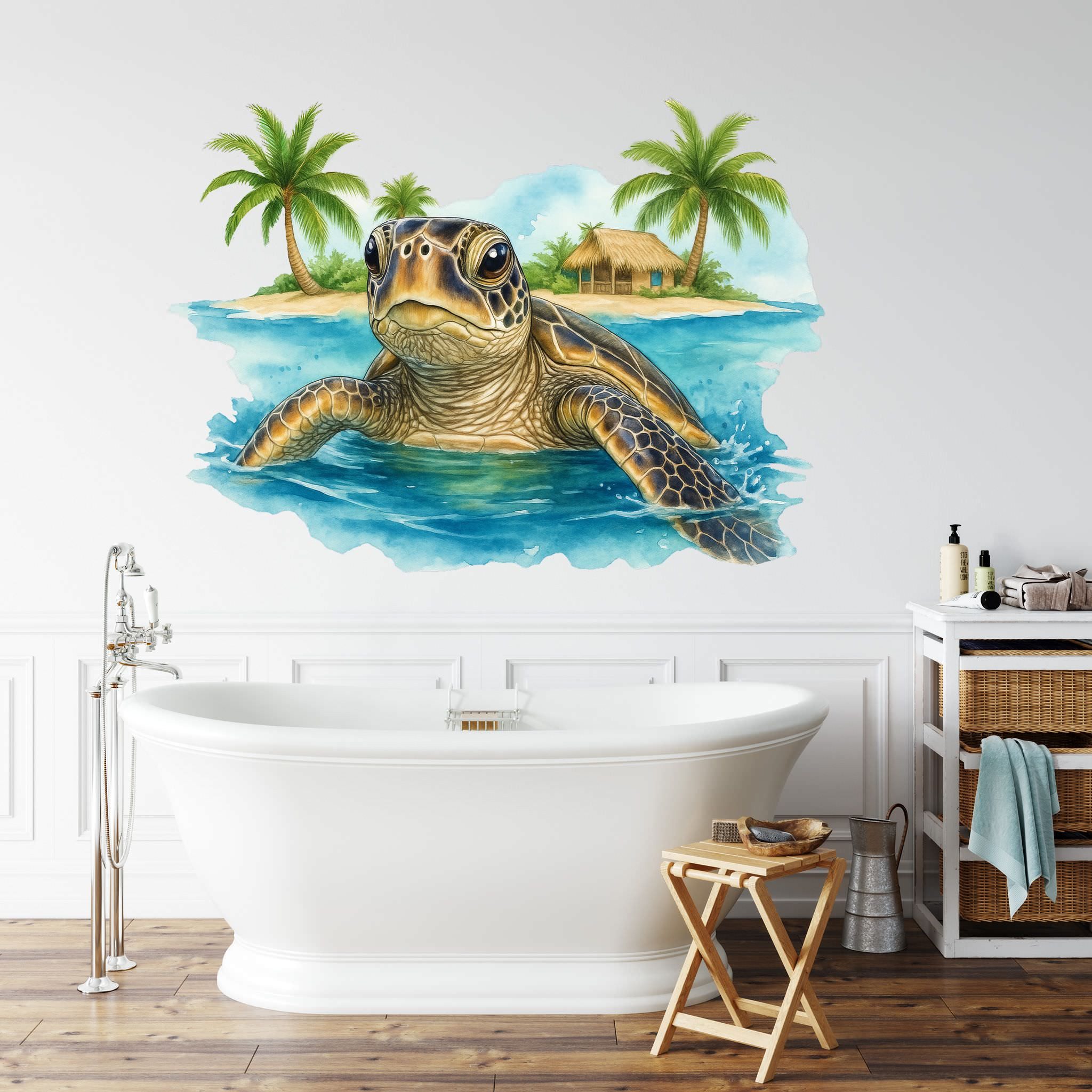 Sunnywall Wandtattoo Aufkleber Maritim Schildkröte mit Palmen & Strand, selbstklebend, konturgeschnitten, rückstandslos entfernbar – Bild 5 von 5