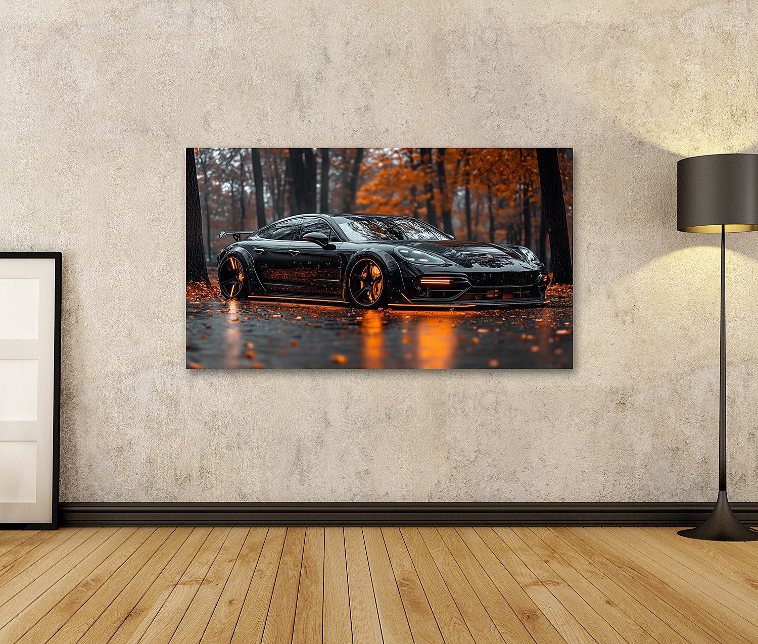 islandburner Leinwandbild, Schwarzes Sportauto im herbstlichen Wald günstig online kaufen